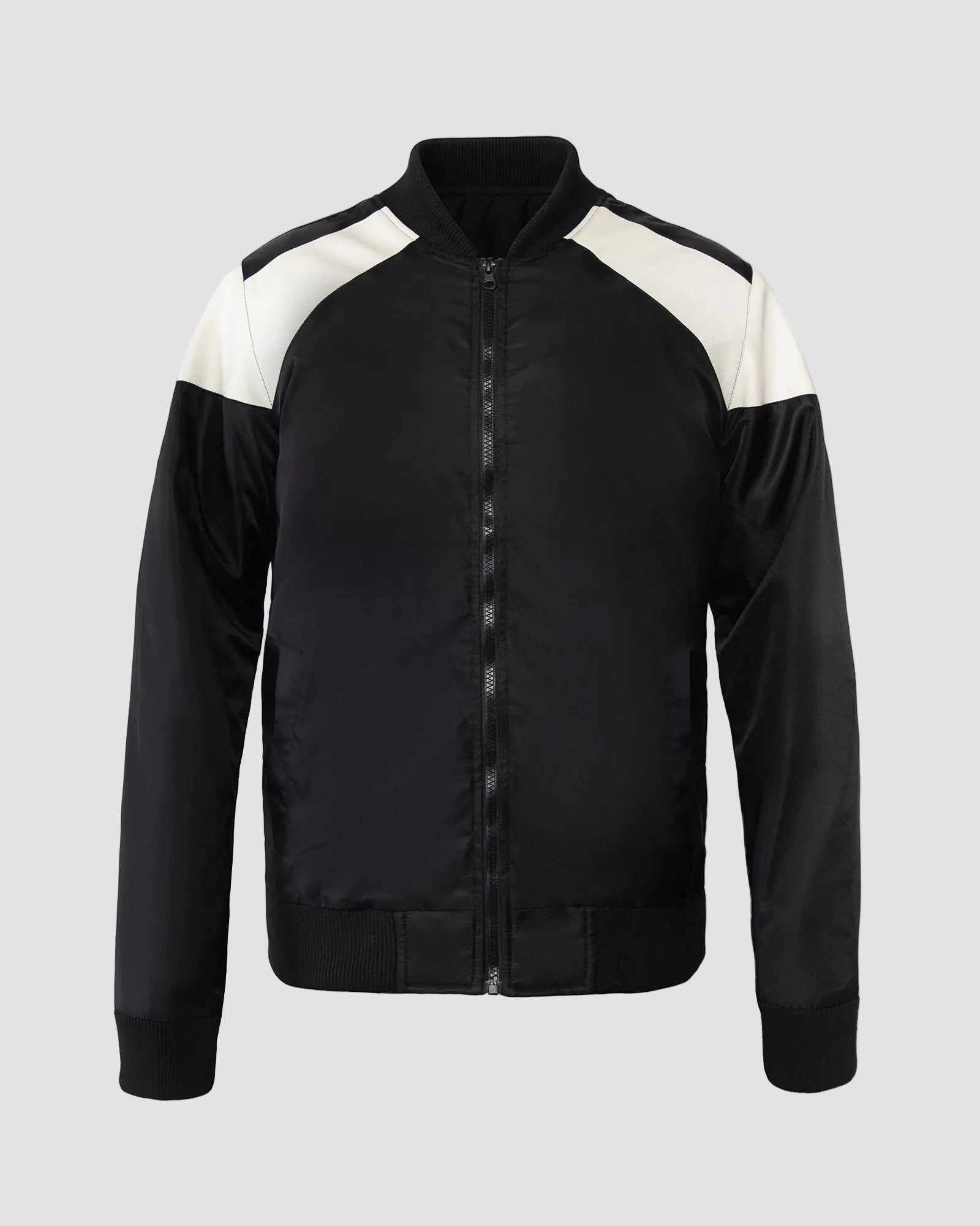 Ring of Fire Lennex Black Satin Bomber Jacket Front View
