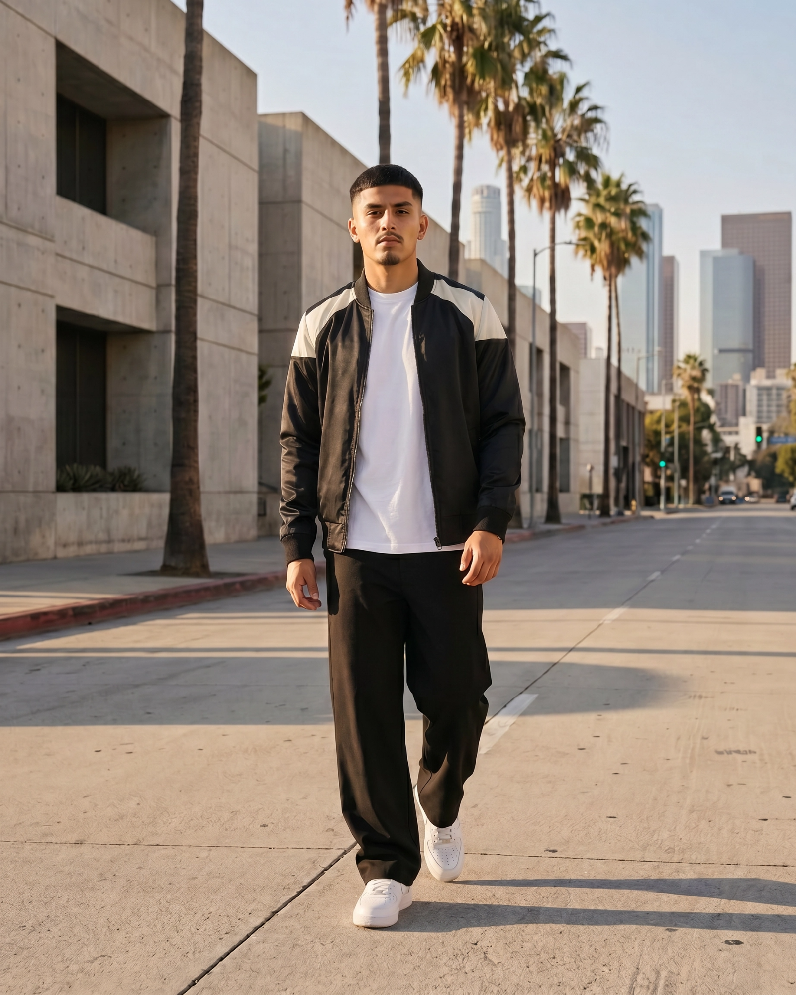 Ring of Fire Lennex Black Satin Bomber Jacket Los Angeles Lifestyle Walking Shot
