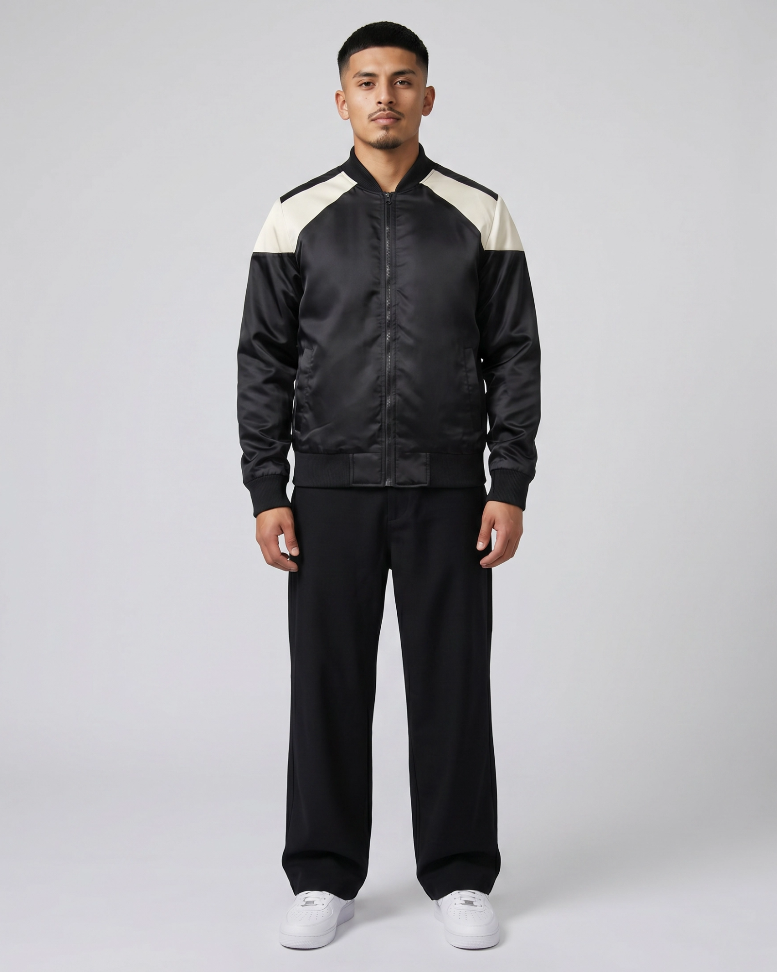 Ring of Fire Lennex Black Satin Bomber Jacket Front View