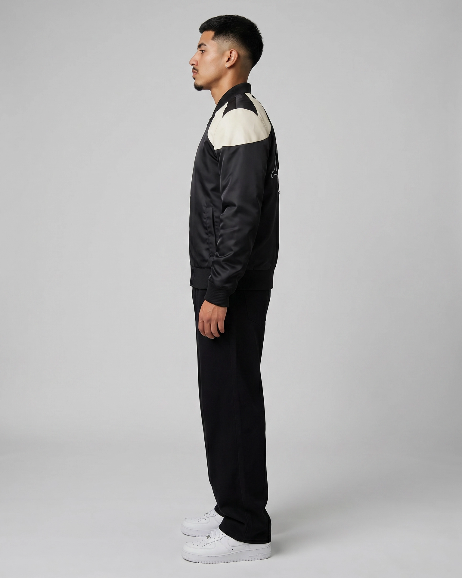 Ring of Fire Lennex Black Satin Bomber Jacket Side View