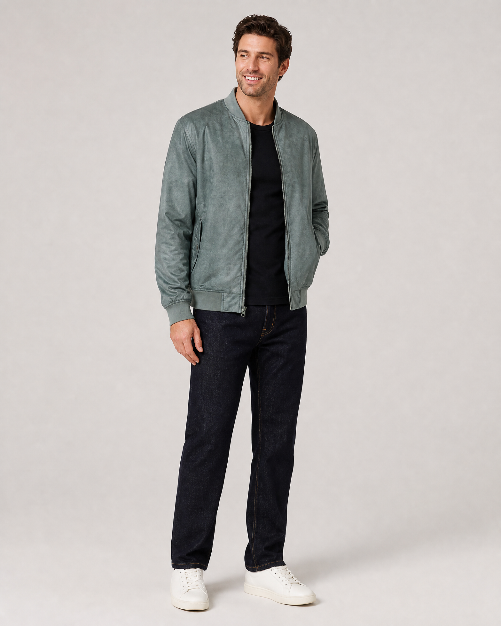 Ring of Fire Jaylen olive bomber jacket on model angled view