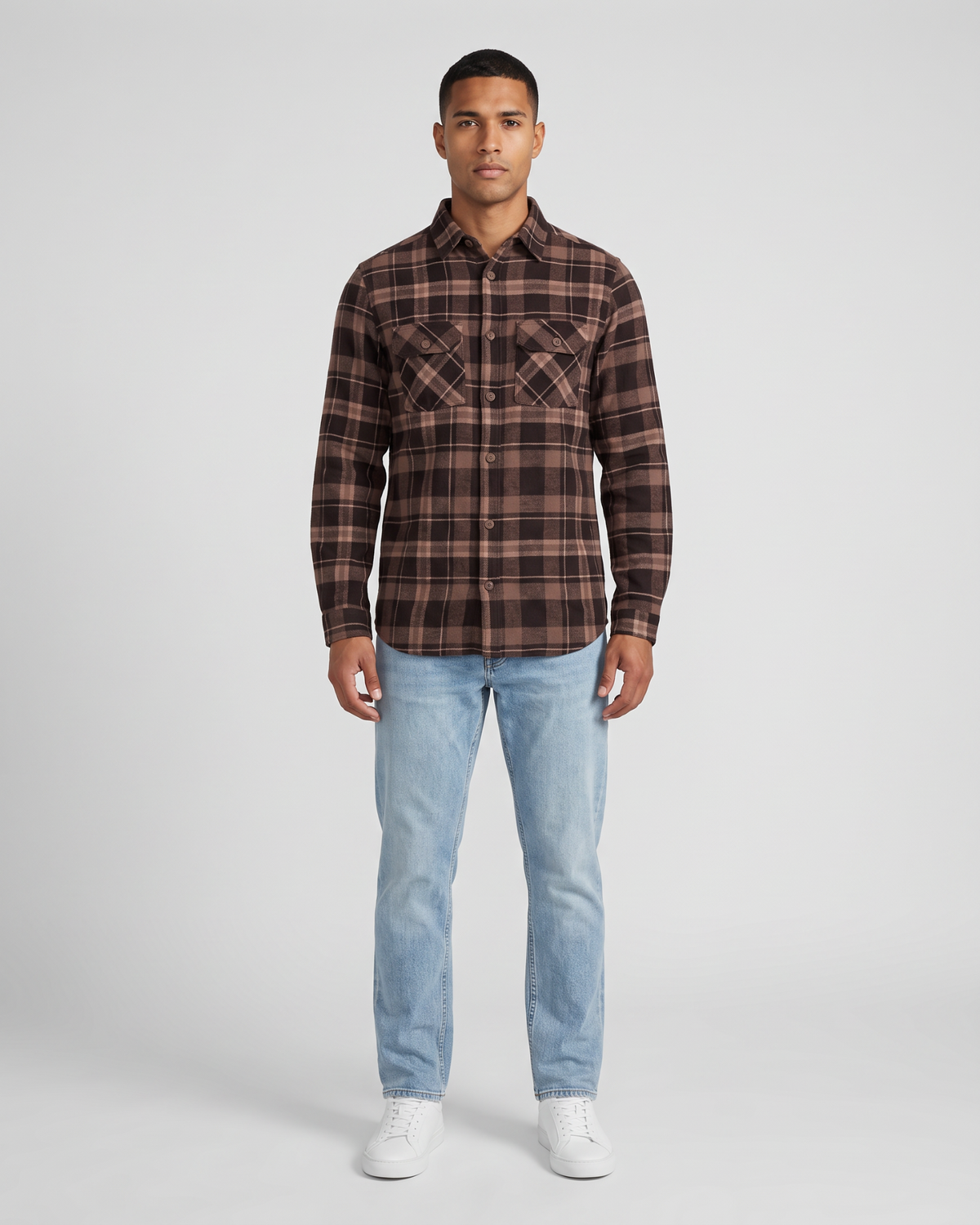 Rustic Flannel Shirt Brown Mix front full-length on-model view