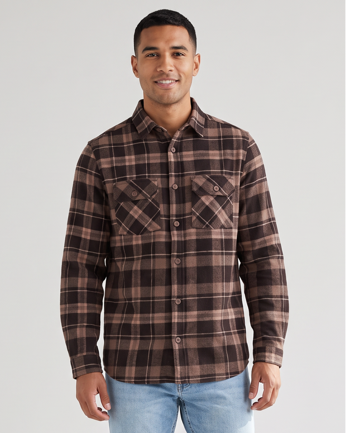 Rustic Flannel Shirt Brown Mix front on-model view