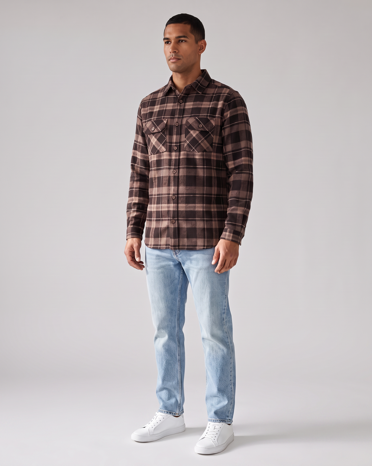 Rustic Flannel Shirt Brown Mix on-model three-quarter front view