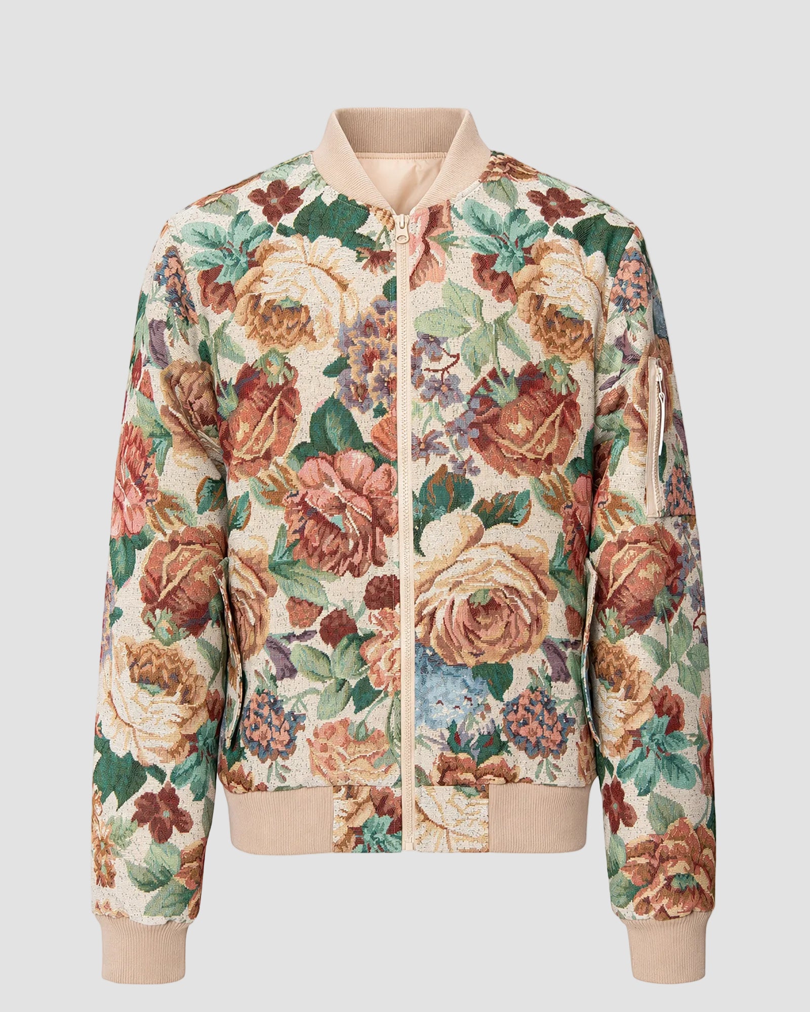 Ahikam tapestry bomber jacket flat lay front view with floral woven pattern