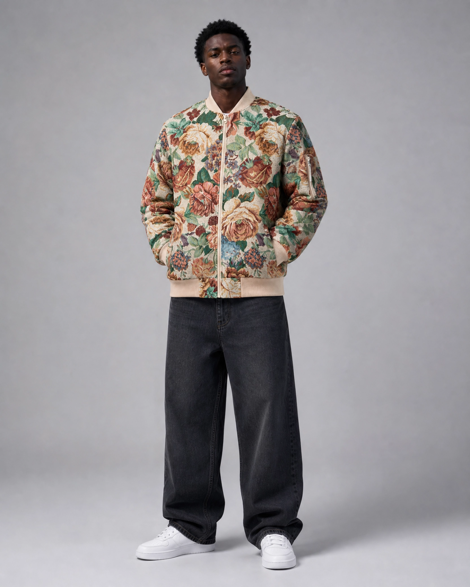 Ahikam tapestry bomber jacket full body front view featuring a floral woven tapestry pattern