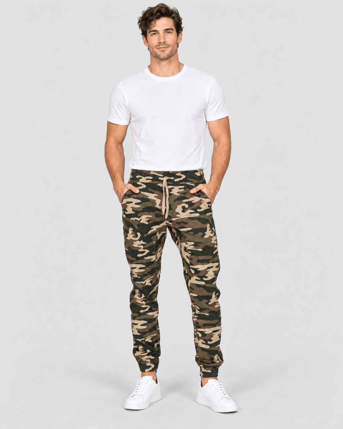 Clayton Stretch Twill Jogger in Green Camo Front Fit View