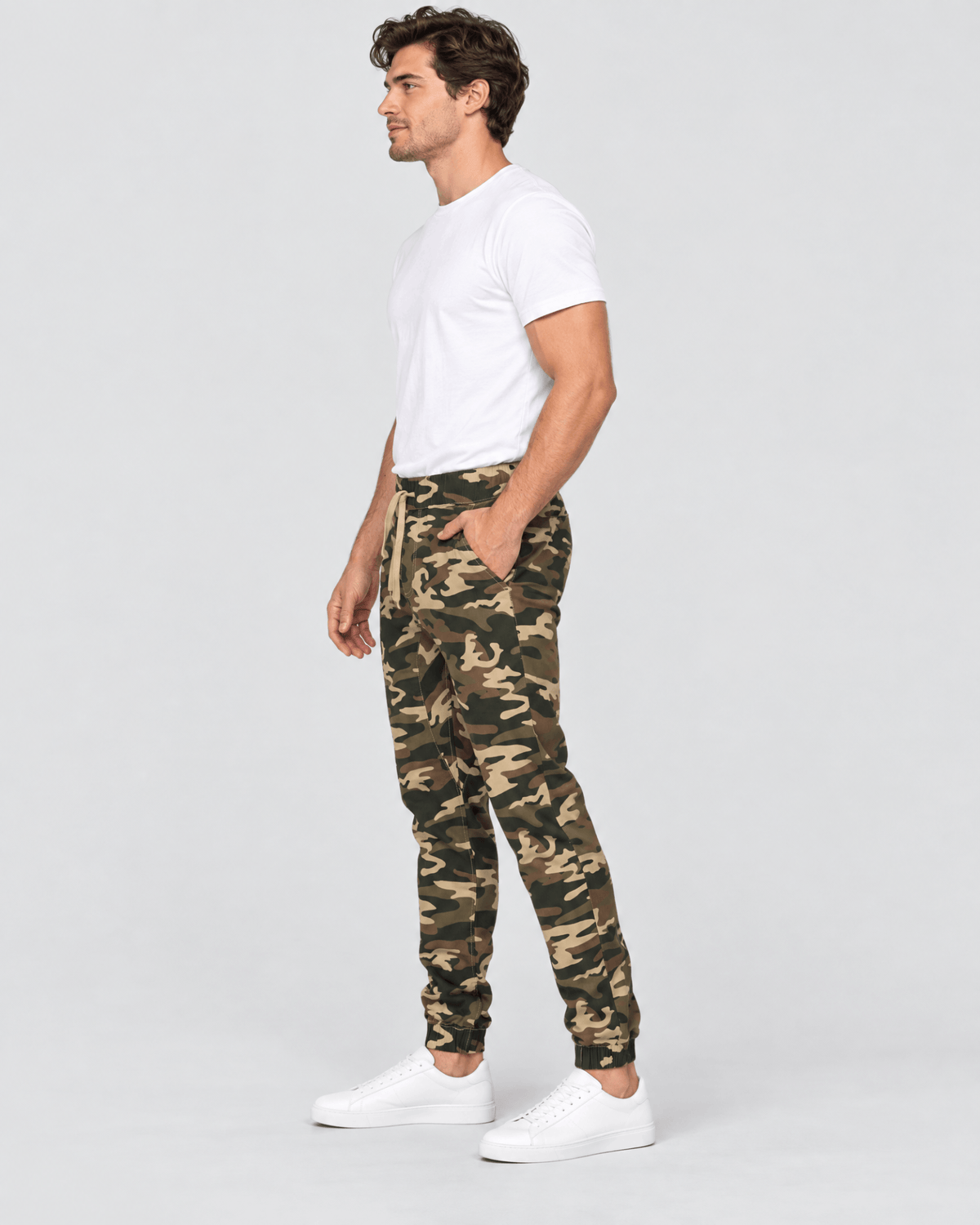 Clayton Stretch Twill Jogger in Green Camo Side Profile Fit View