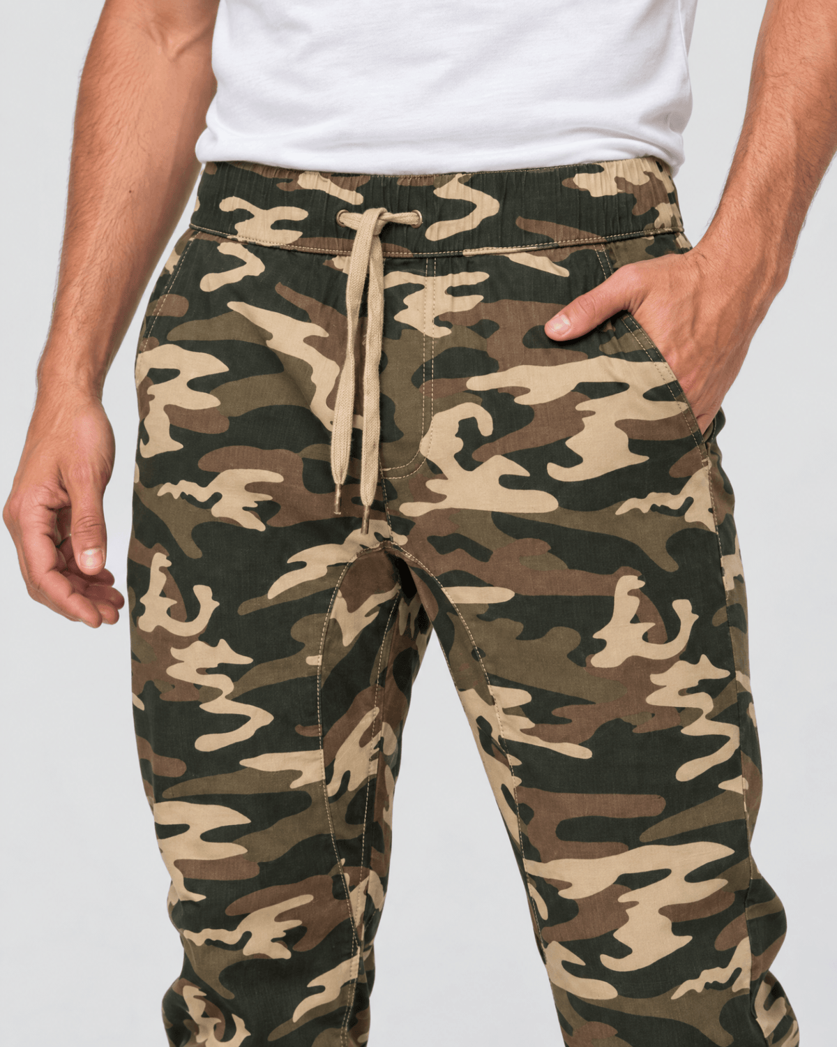 Clayton Stretch Twill Jogger Waistband and Drawcord Detail in Green Camo