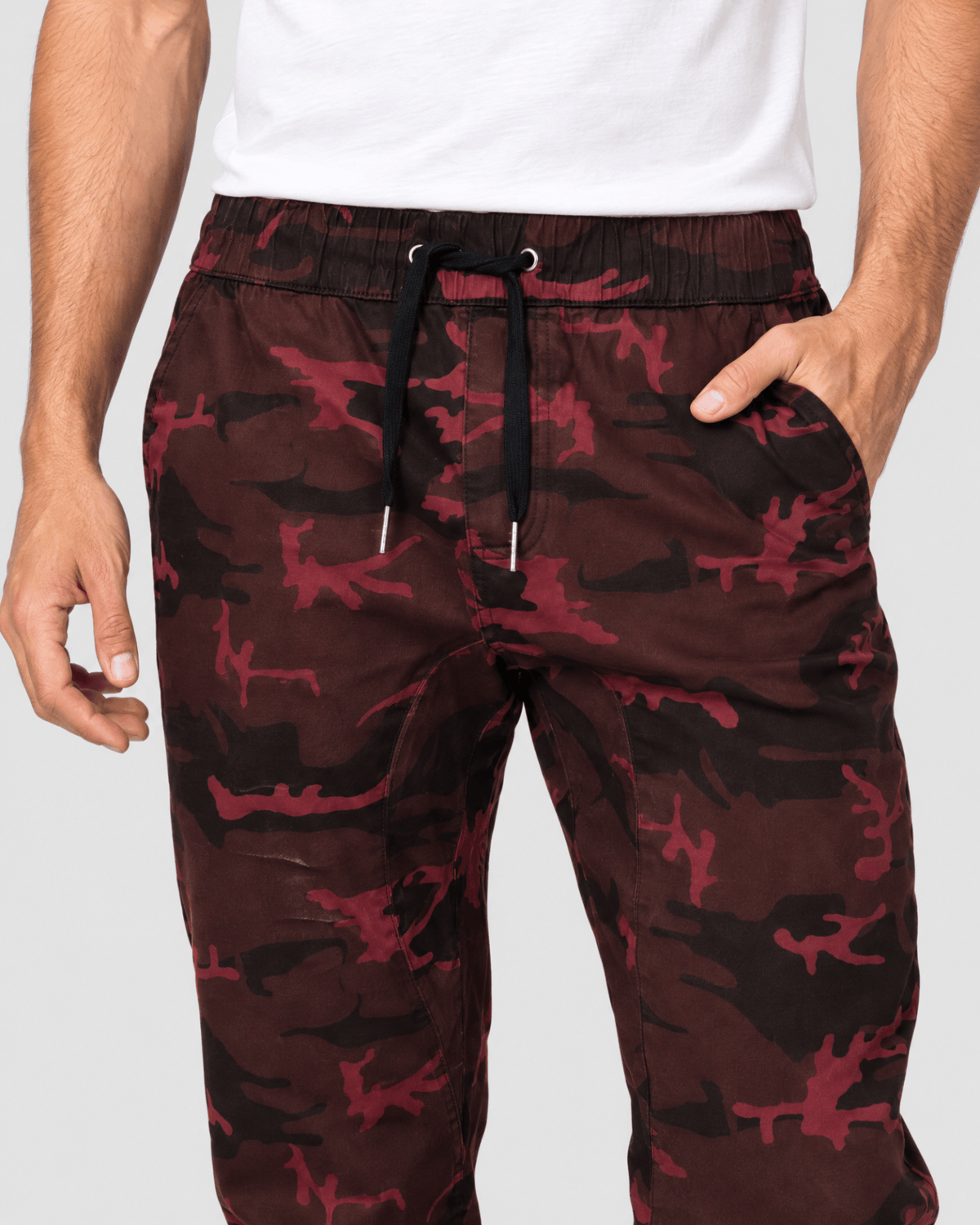 Clayton Stretch Twill Jogger Waistband and Drawcord Detail in Oxblood Camo