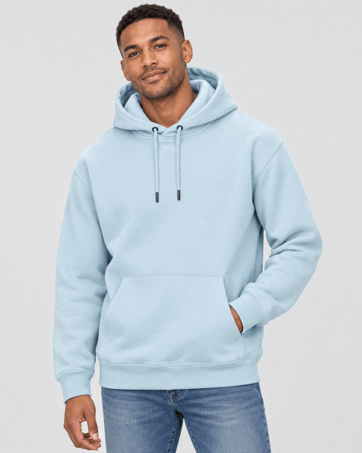 Men's Forget Me Not Heavyweight Pullover Hoodie front 3/4 view with kangaroo pocket and premium heavyweight construction