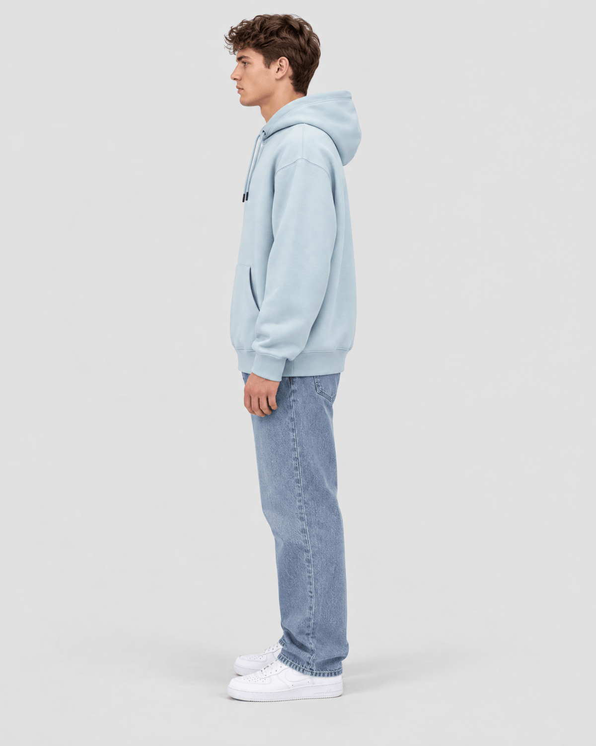 Men's Forget Me Not Heavyweight Pullover Hoodie side profile view showing hood projection and overall fit