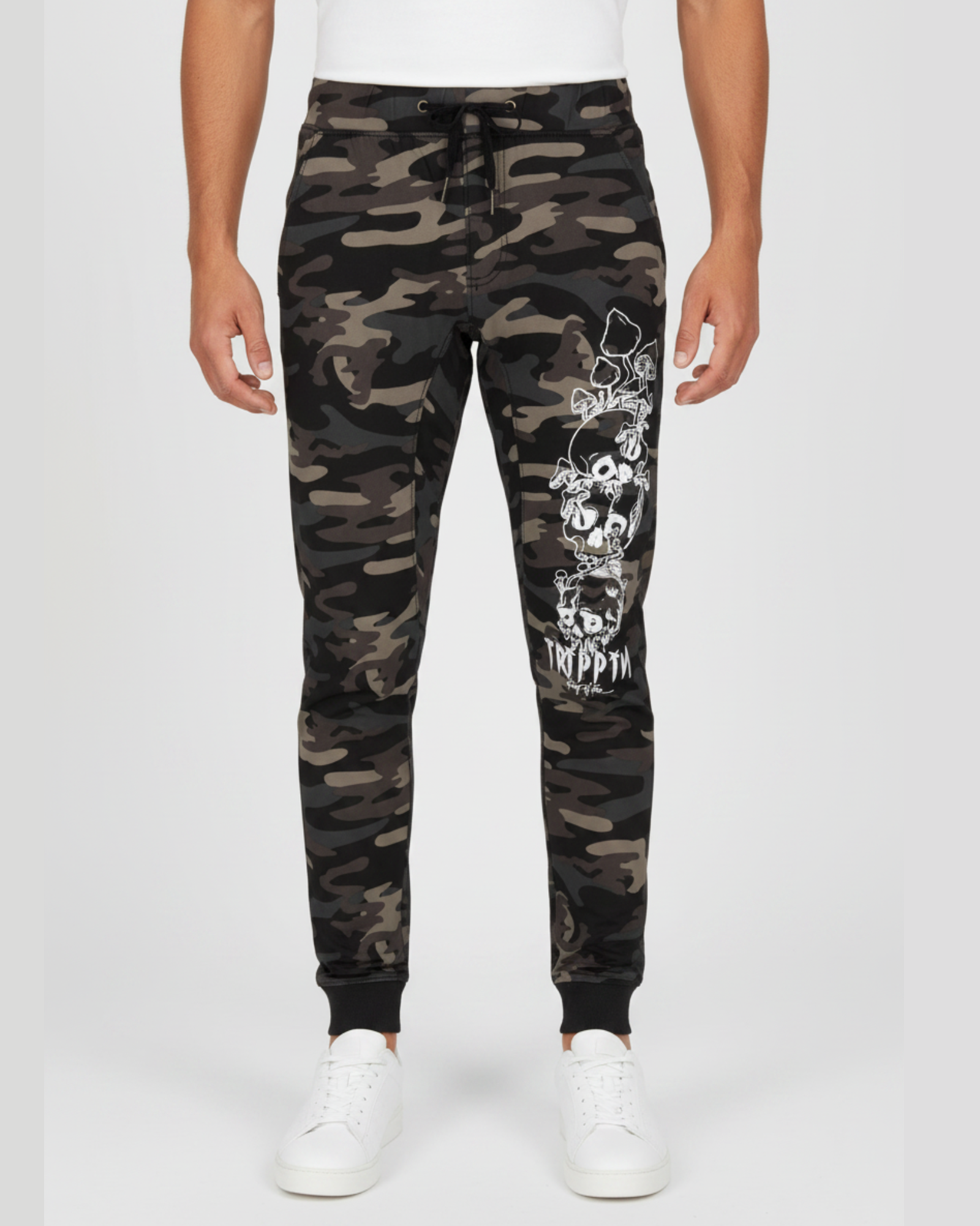 Men's black camo printed knit joggers RYB1171 front view with graphic print on leg