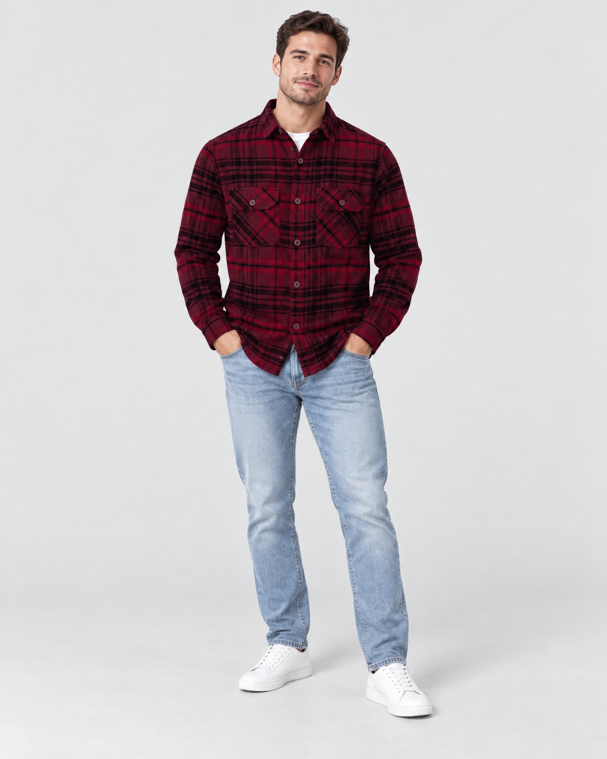 Ring of Fire Woodsy Flannel Shirt Burgundy Mix men's plaid flannel shirt casual standing pose
