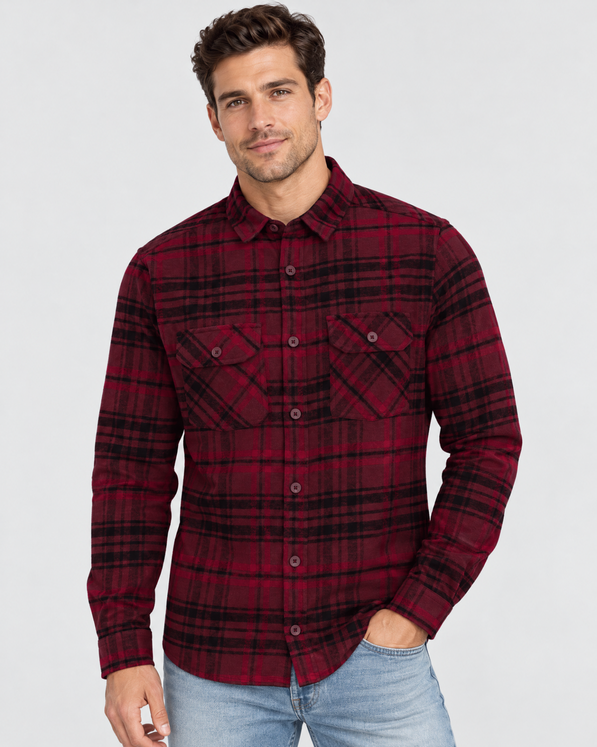 Ring of Fire Woodsy Flannel Shirt Burgundy Mix men's plaid flannel shirt on model hero view