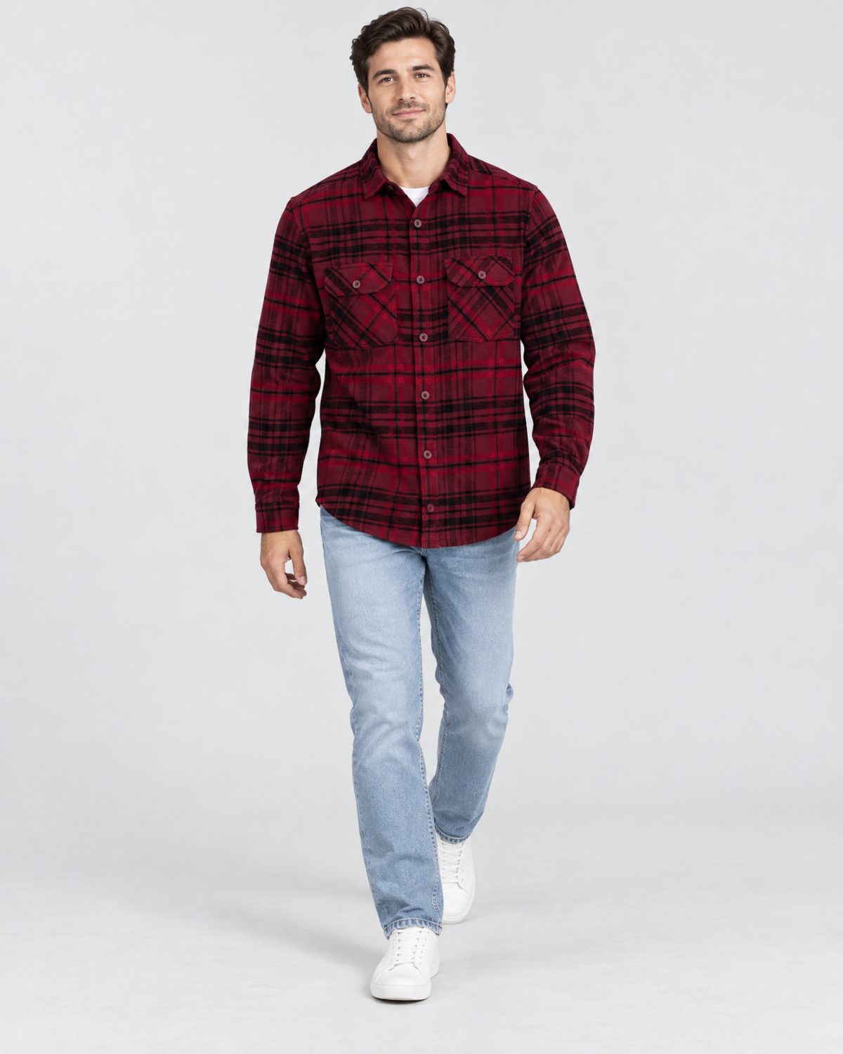 Ring of Fire Woodsy Flannel Shirt Burgundy Mix men's plaid flannel shirt walking pose