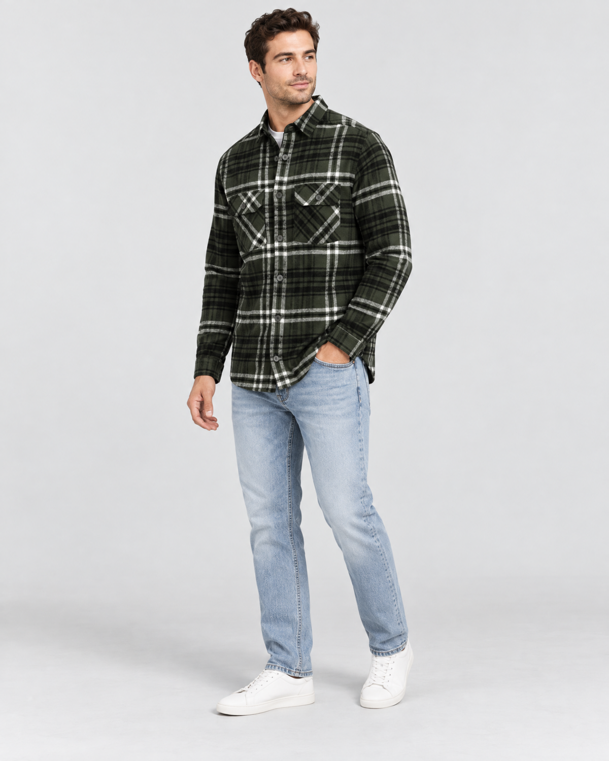 Ring of Fire Woodsy Flannel Shirt Green Mix men's plaid flannel shirt 45 degree angle view