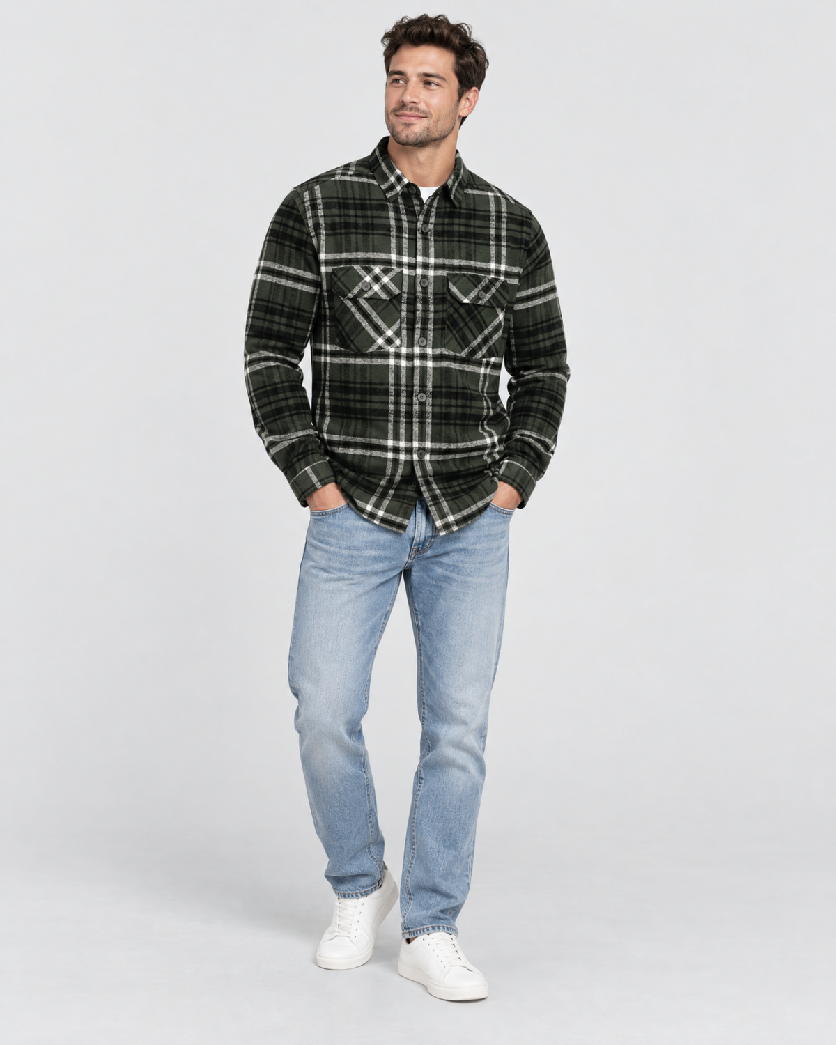 Ring of Fire Woodsy Flannel Shirt Green Mix men's plaid flannel shirt casual standing pose