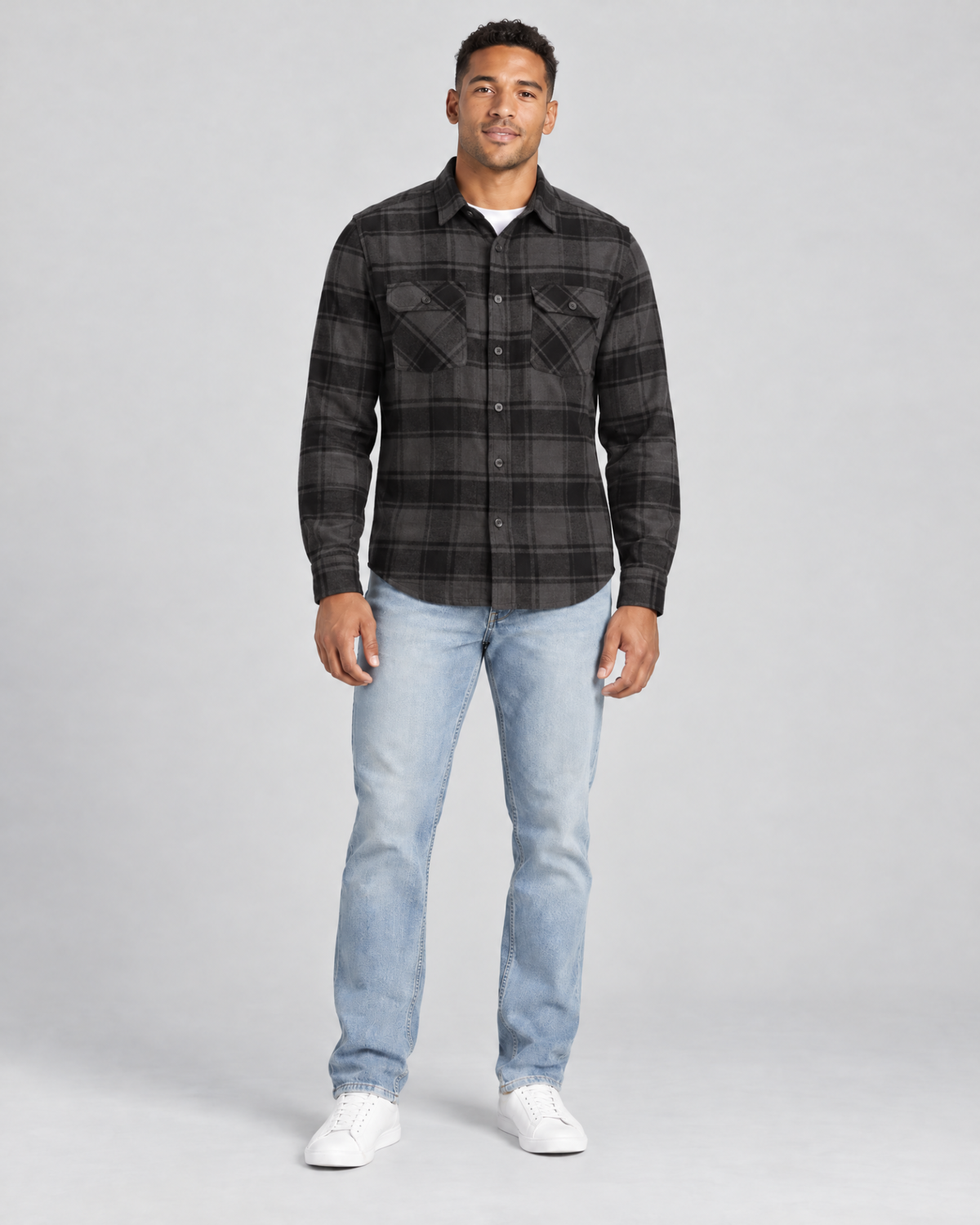 Meadow Flannel Shirt Charcoal Mix front standing view