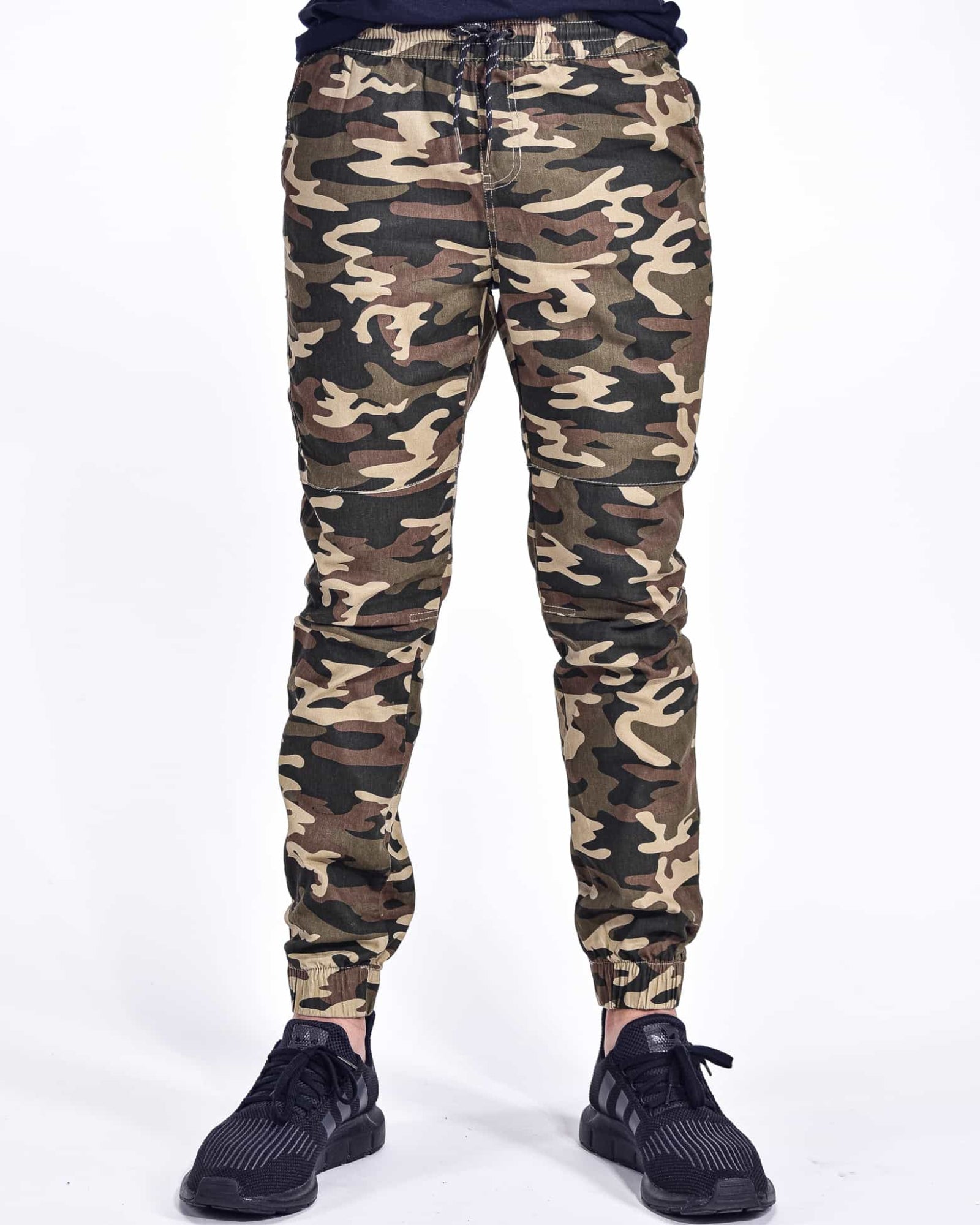 Mens drawstring twill teamwork heat seal joggers in Green Camo