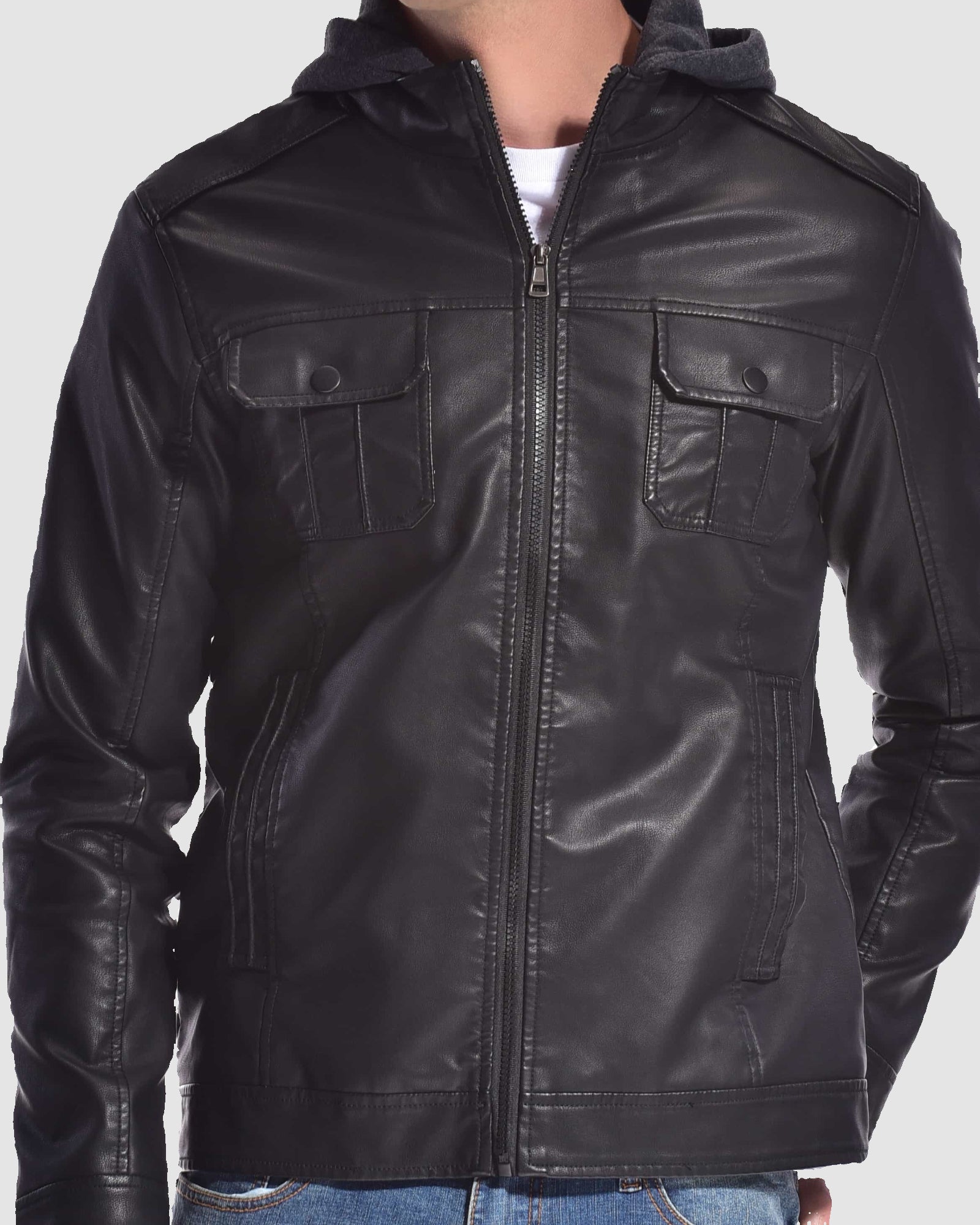 Mens ace sherpa linned raging PU hoodie jacket in Black two hand pockets