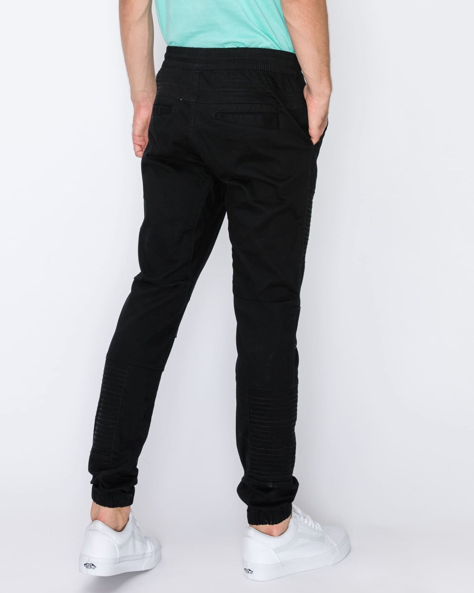 Mens drawstring leftout moto joggers in Black back pockets