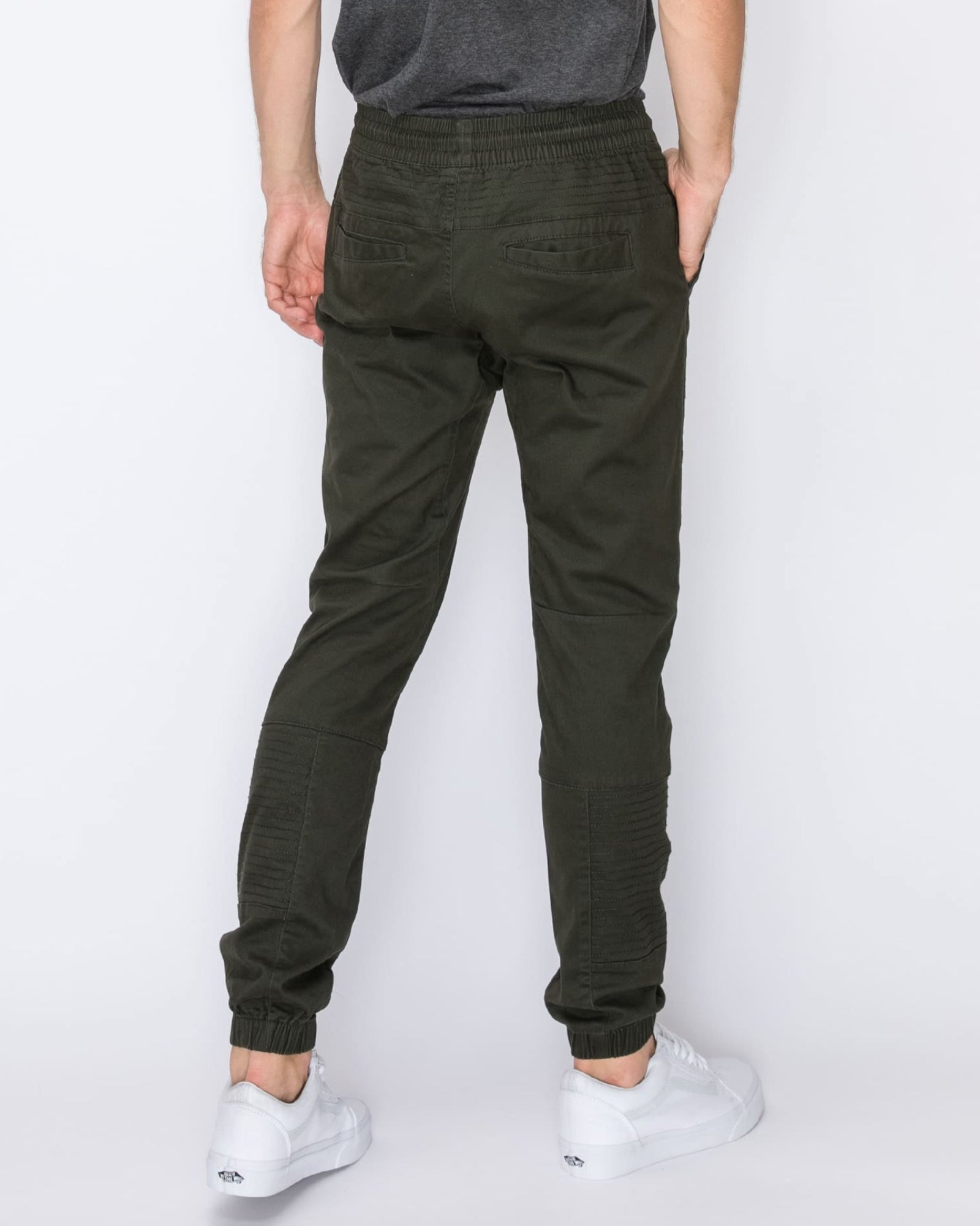Mens drawstring leftout moto joggers in Olive back pockets