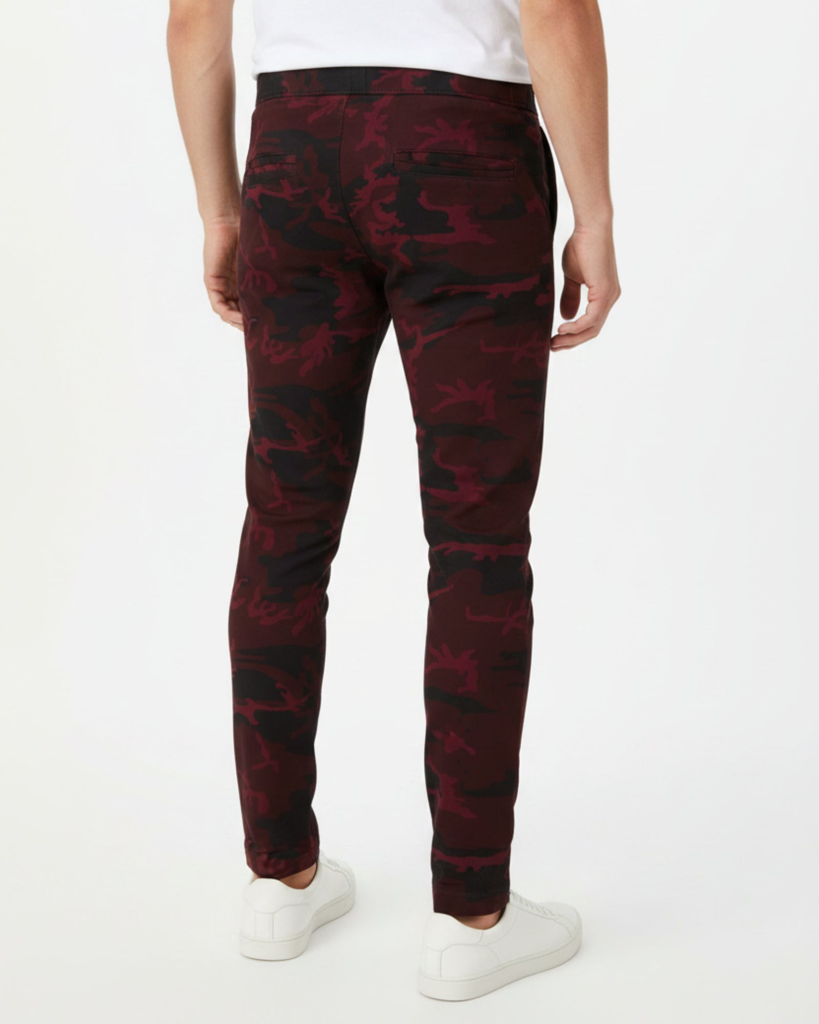 Men's oxblood camo printed knit joggers RYB1170 back view with tapered fit