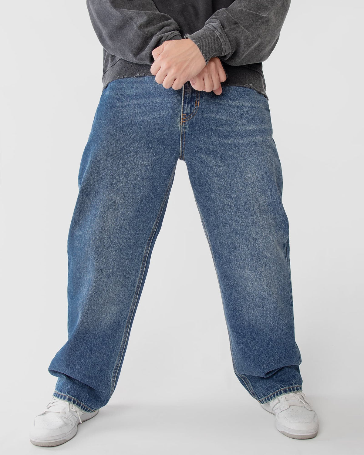 Ring of Fire Arena Baggy Denim Jeans in Sea Floor wash detail pose view