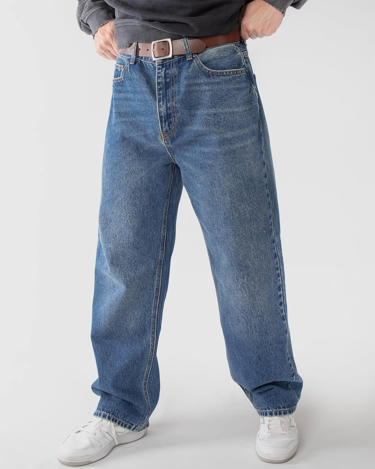 Ring of Fire Arena Baggy Denim Jeans in Sea Floor wash pose view