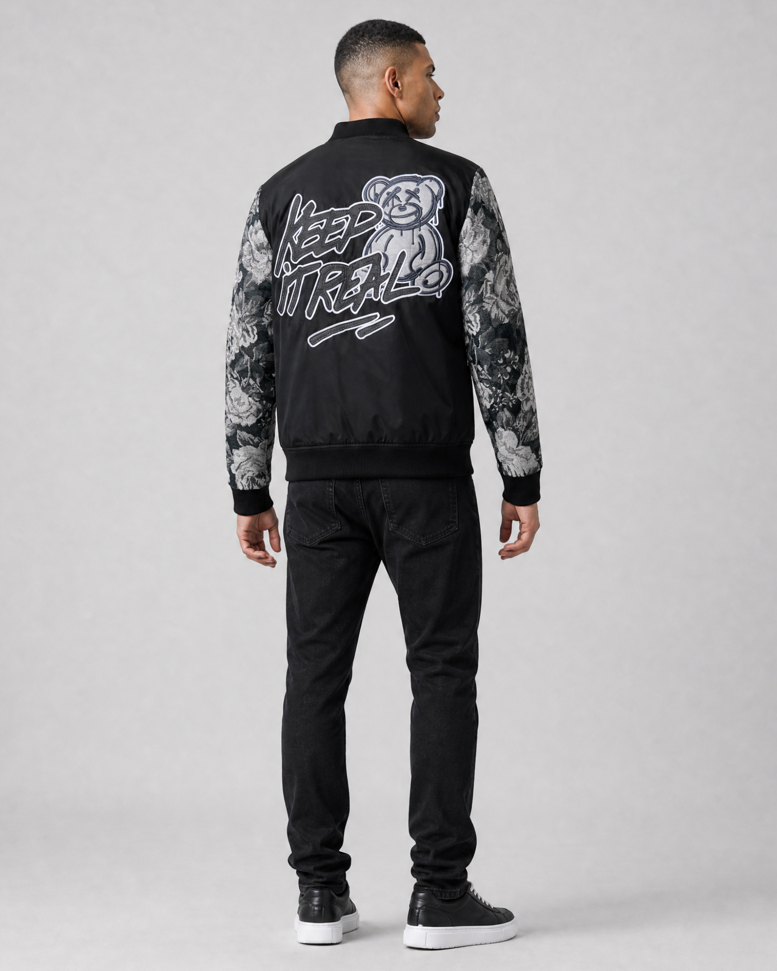 Ring of Fire Gibeon tapestry varsity jacket on model back view