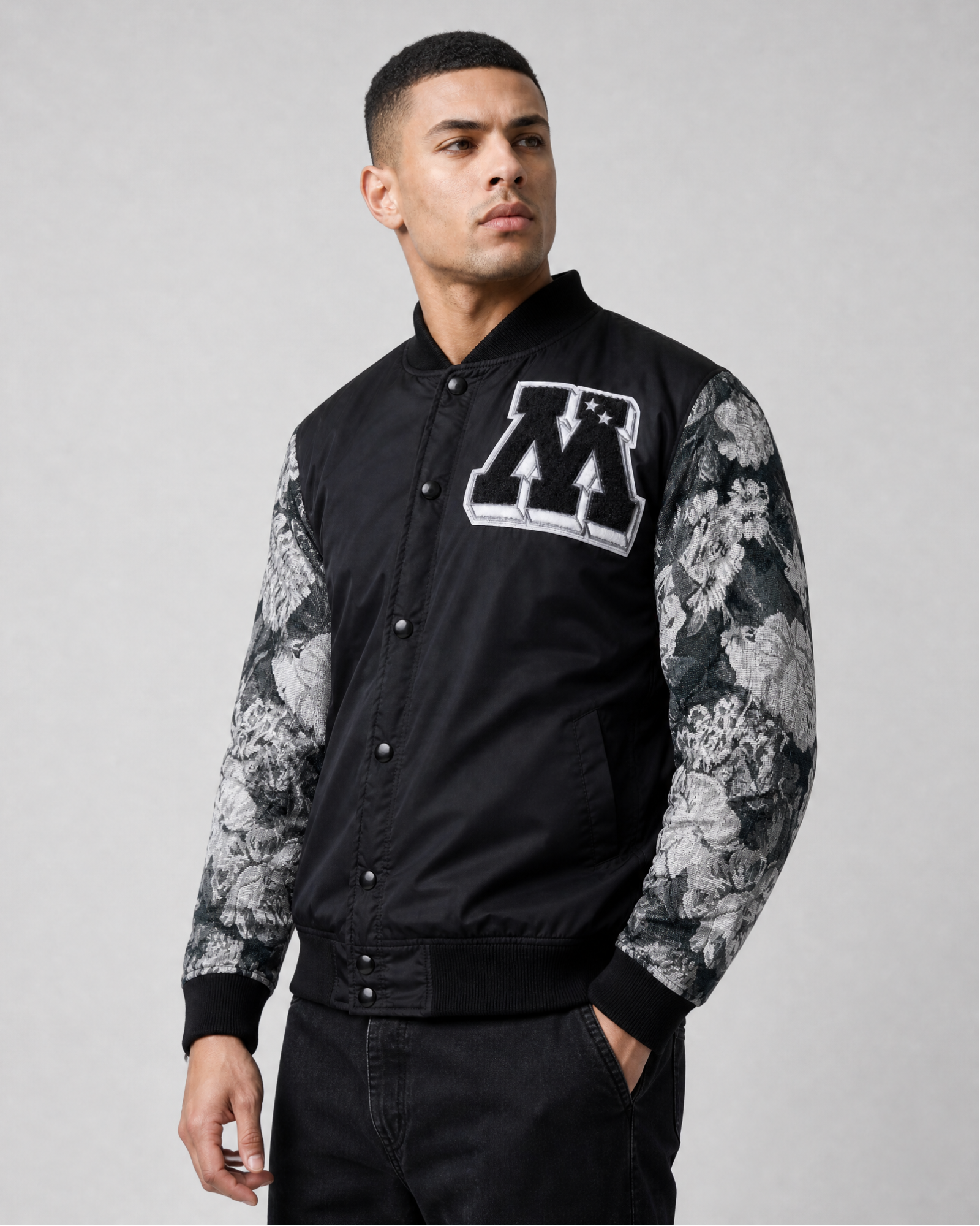 Ring of Fire Gibeon tapestry varsity jacket on model front view