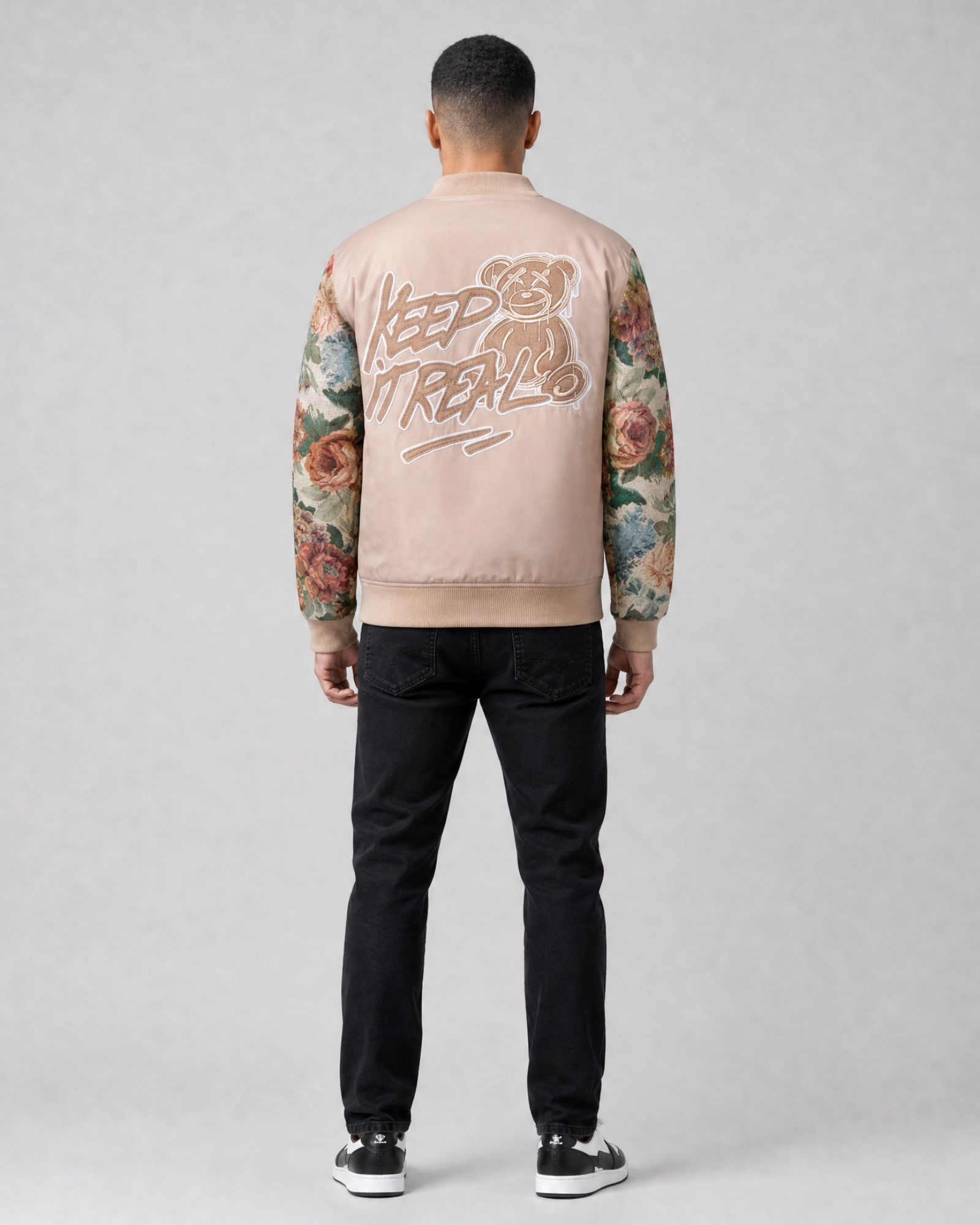 Ring of Fire Gibeon tapestry varsity jacket tan colorway on model back view
