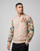 Ring of Fire Gibeon tapestry varsity jacket tan colorway on model front view
