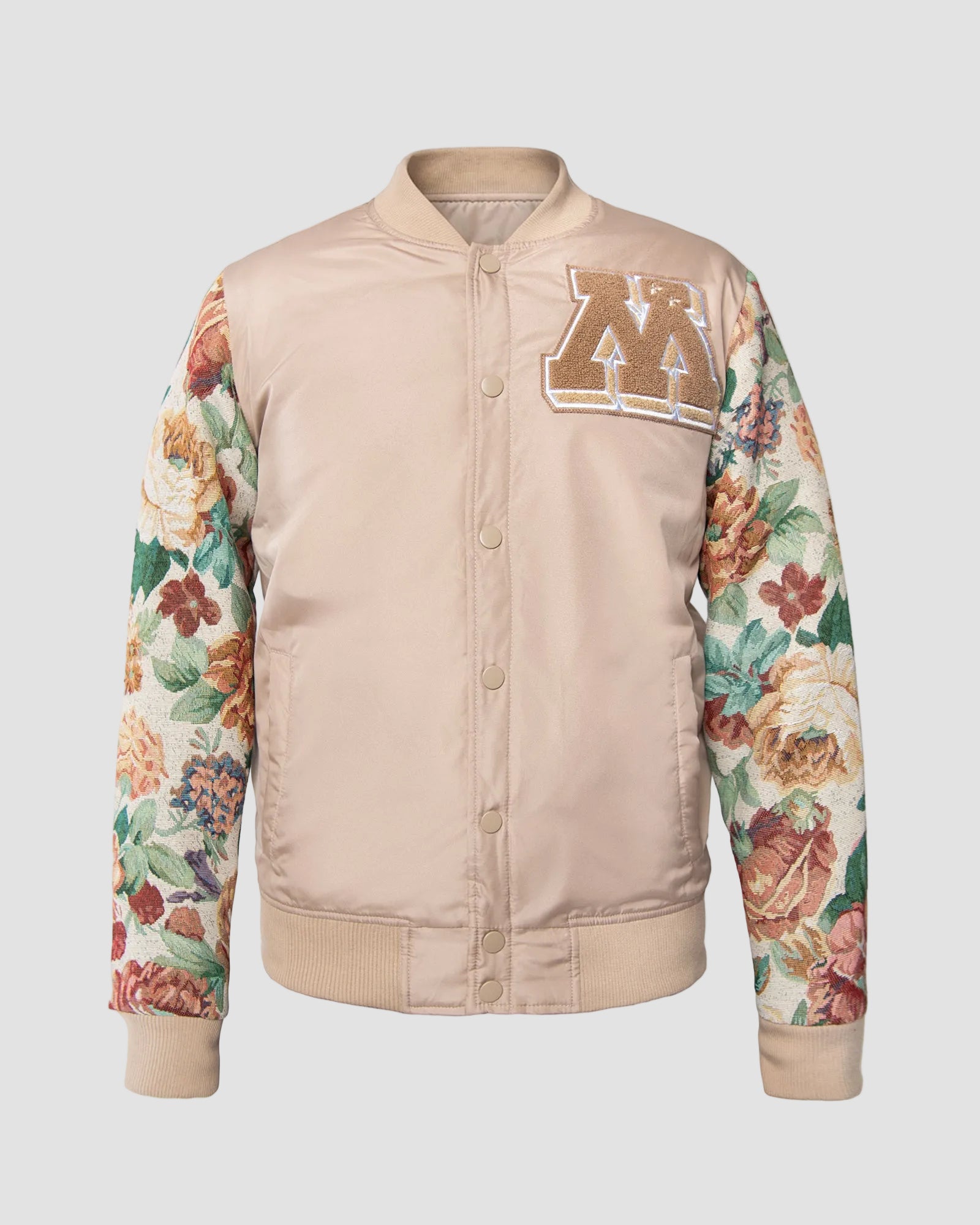 Ring of Fire Gibeon tapestry varsity jacket tan colorway front view