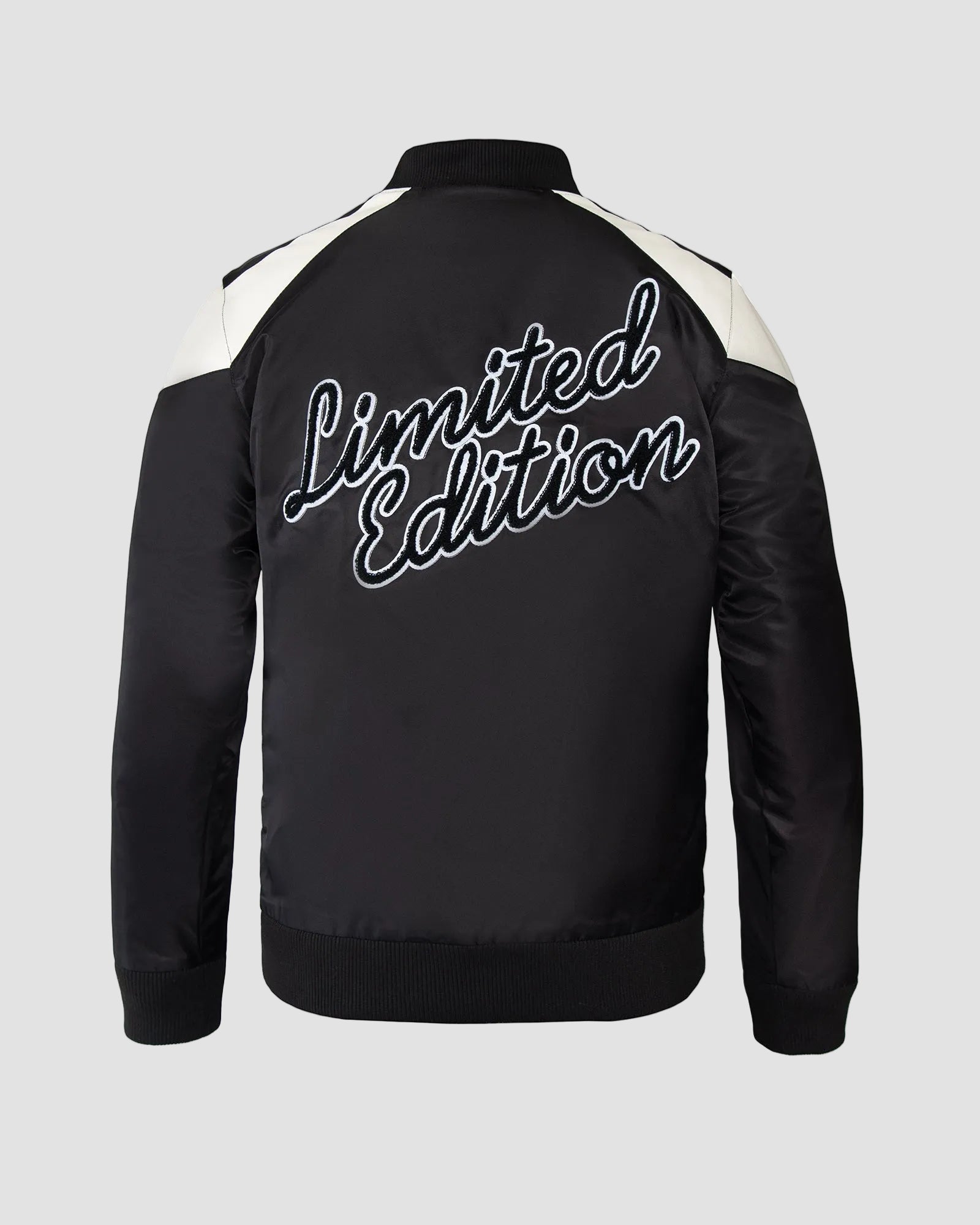Ring of Fire Lennex Black Satin Bomber Jacket Back View with Limited Edition Embroidery