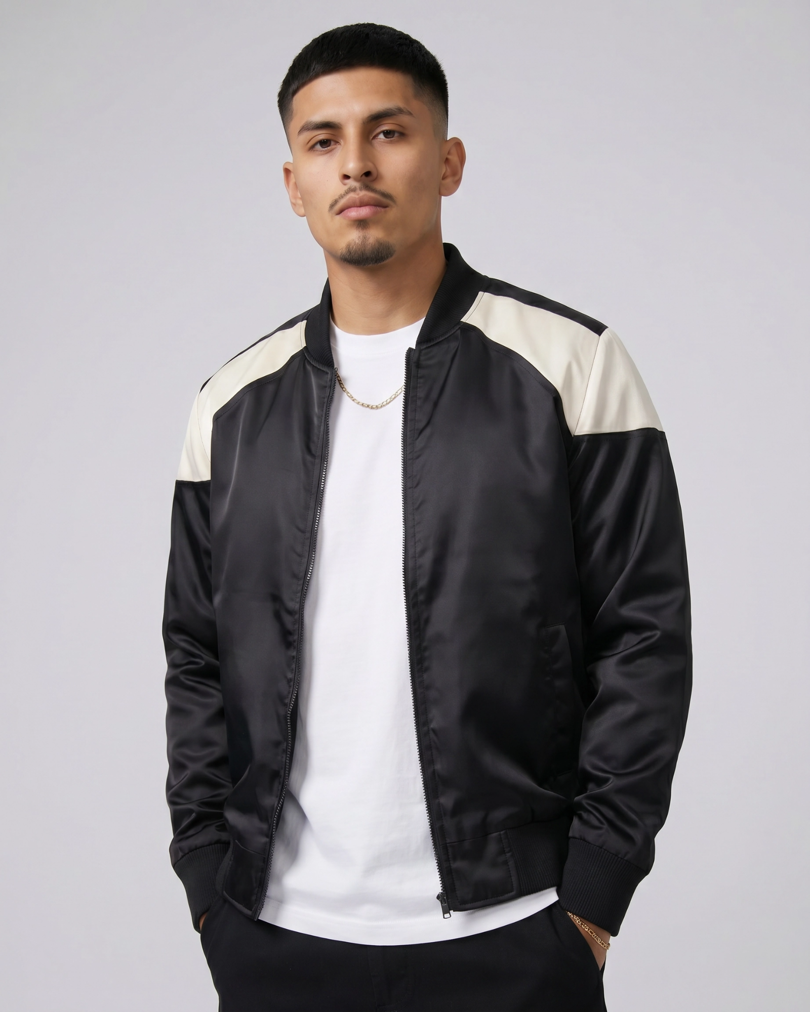 Ring of Fire Lennex Black Satin Bomber Jacket Front Lifestyle View