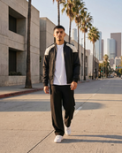 Ring of Fire Lennex Black Satin Bomber Jacket Los Angeles Lifestyle Walking Shot
