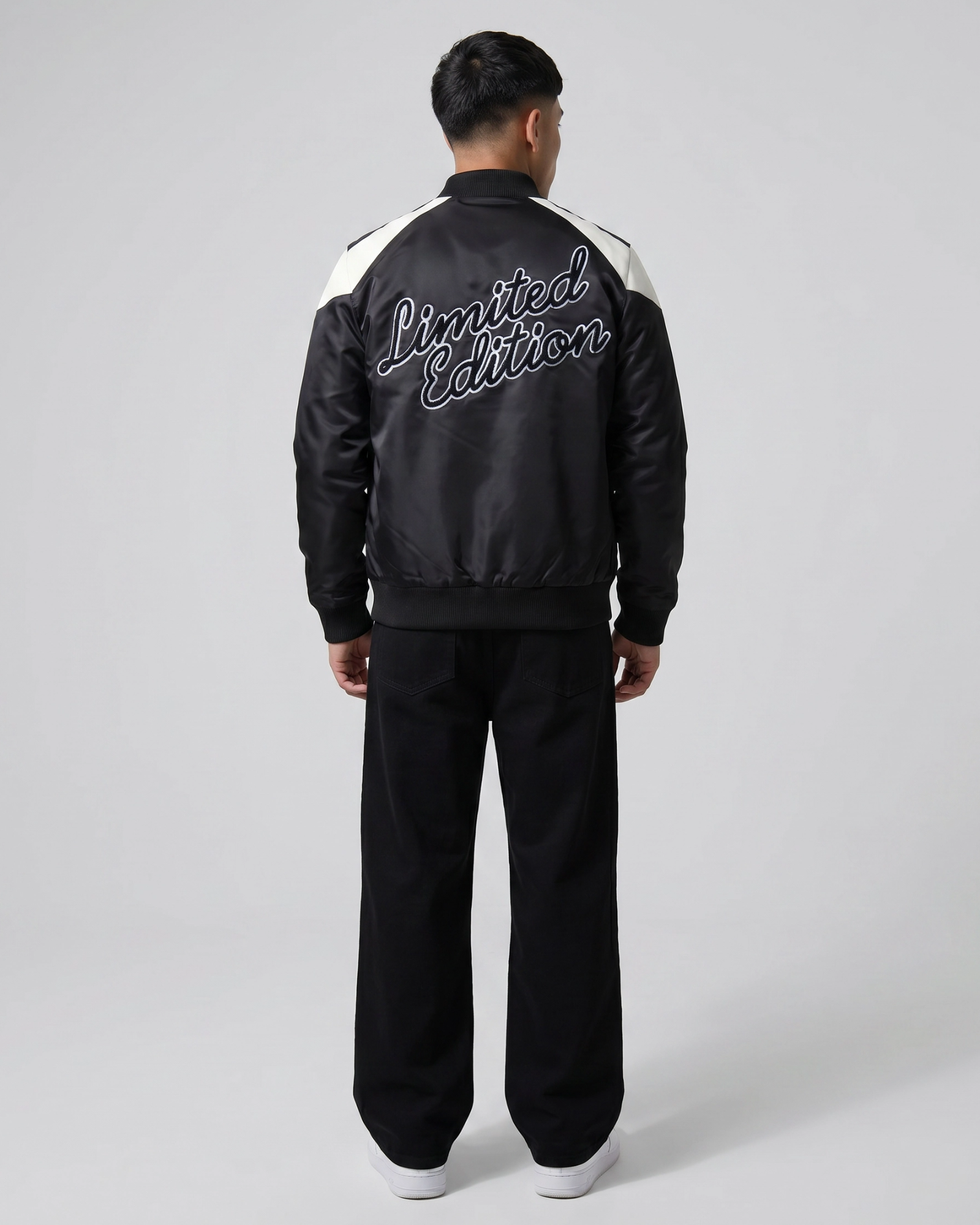 Ring of Fire Lennex Black Satin Bomber Jacket Back View with Limited Edition Embroidery