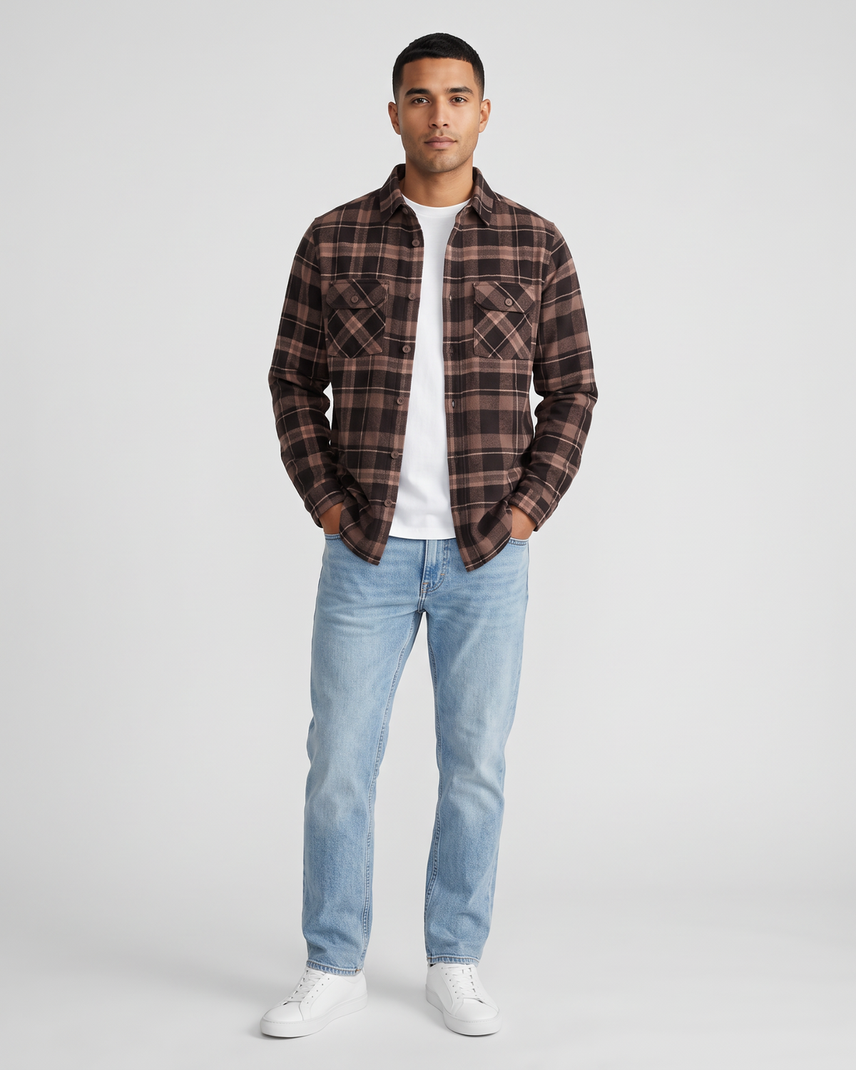 Rustic Flannel Shirt Brown Mix on-model front angle view