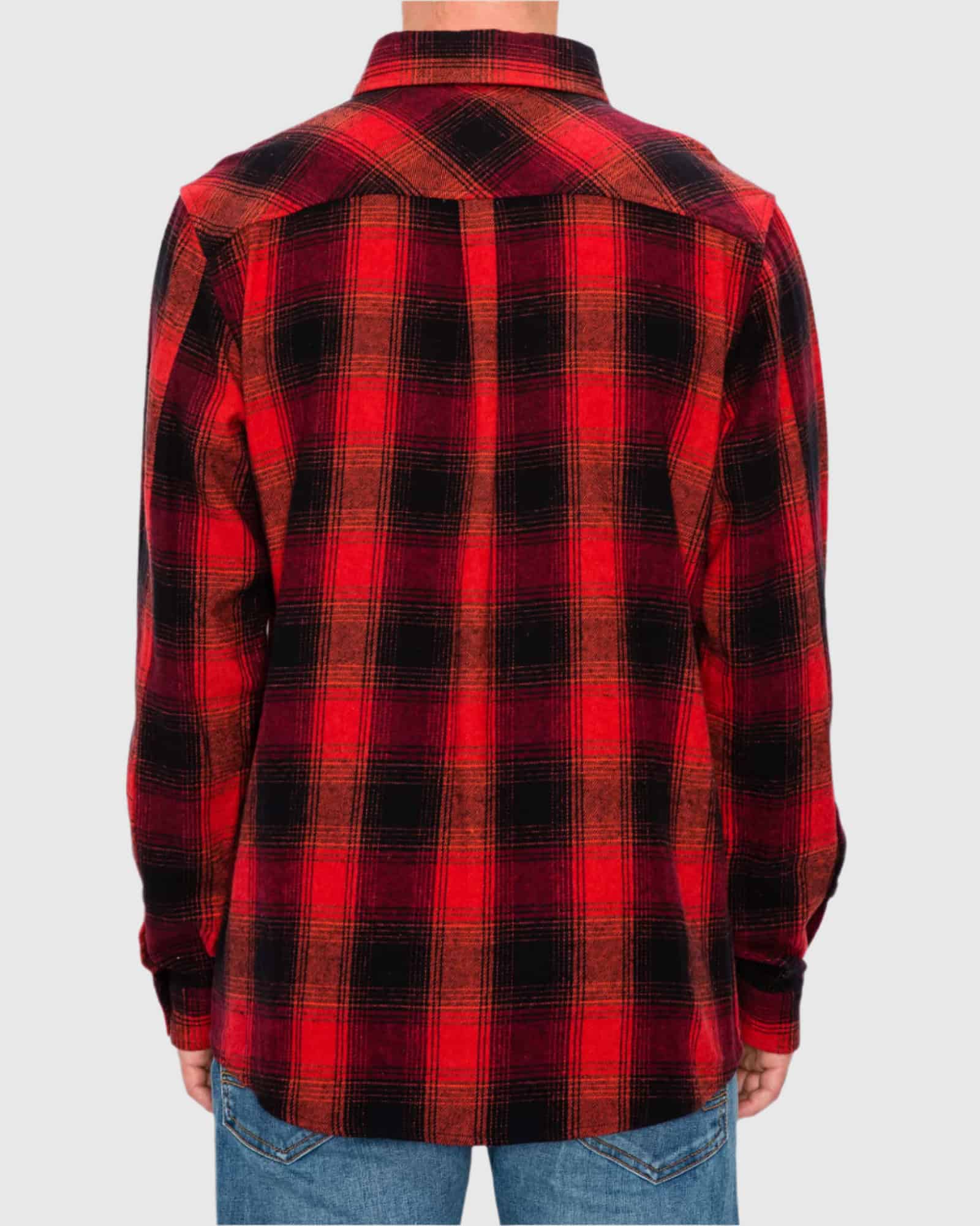 Red and black plaid shirt worn by a person on a light gray background