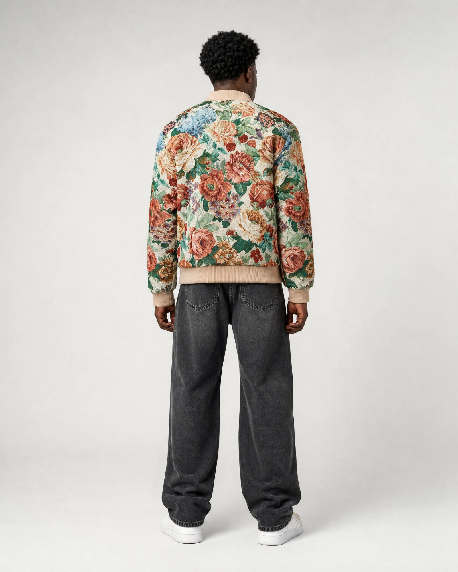 Ahikam tapestry bomber jacket back view featuring allover floral tapestry pattern