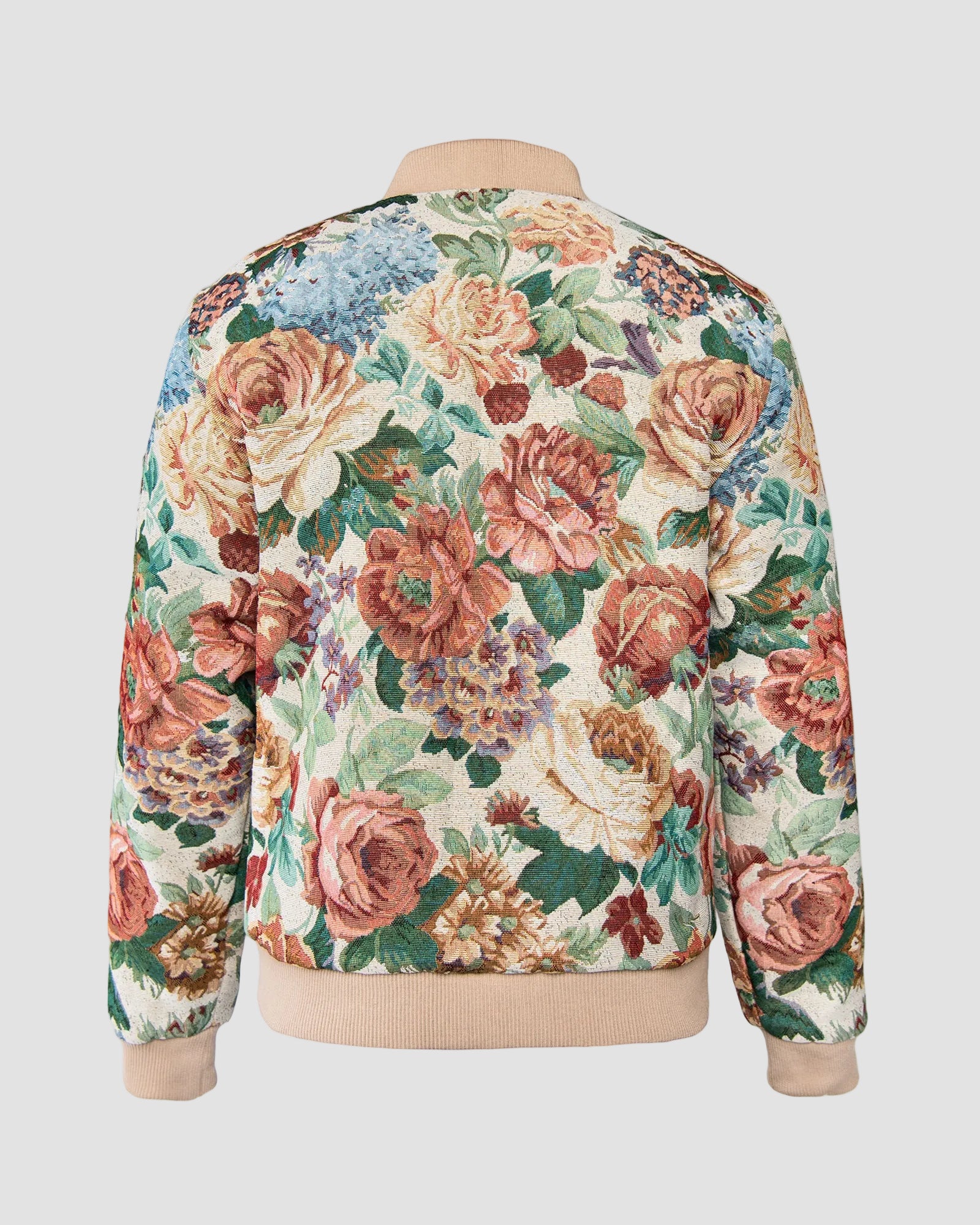 Ahikam tapestry bomber jacket flat back view featuring floral tapestry artwork