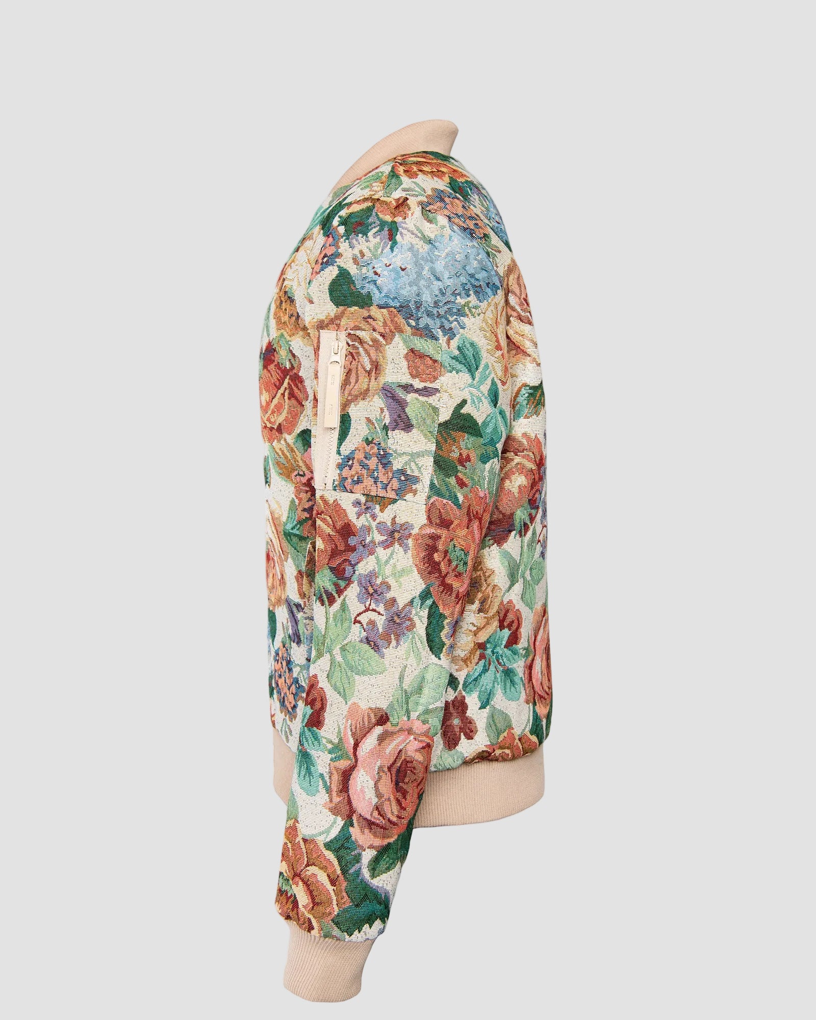 Ahikam tapestry bomber jacket flat side view highlighting woven tapestry construction