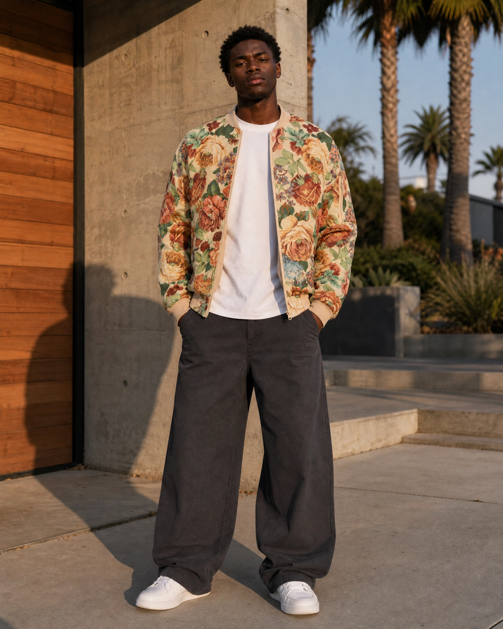Ahikam tapestry bomber jacket styled in an everyday streetwear outfit