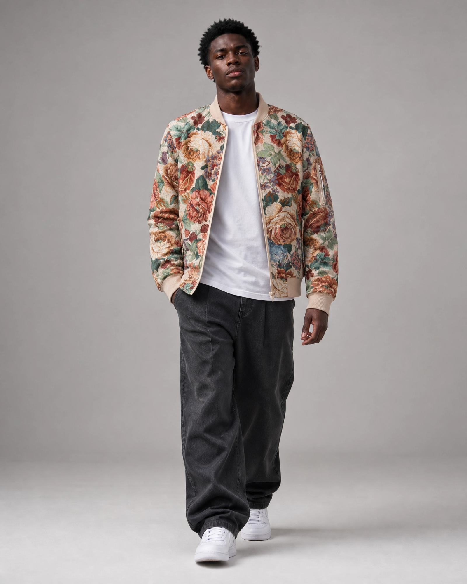 Ahikam tapestry bomber jacket open front view showing zipper closure and floral tapestry fabric