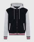 Mens Charlie fleece varsity striped rib jacket in black light heather gray