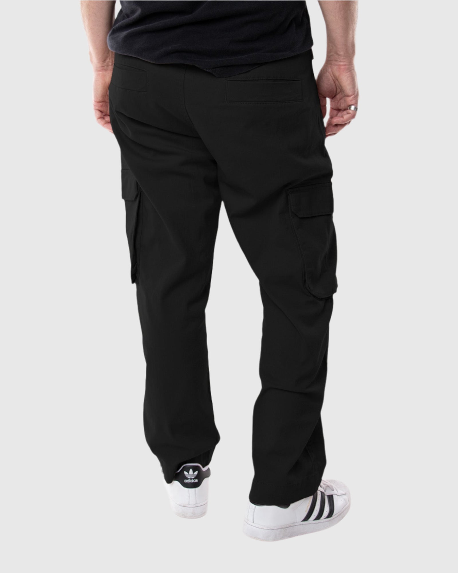 Ledger black cargo pants back view featuring relaxed straight-leg fit