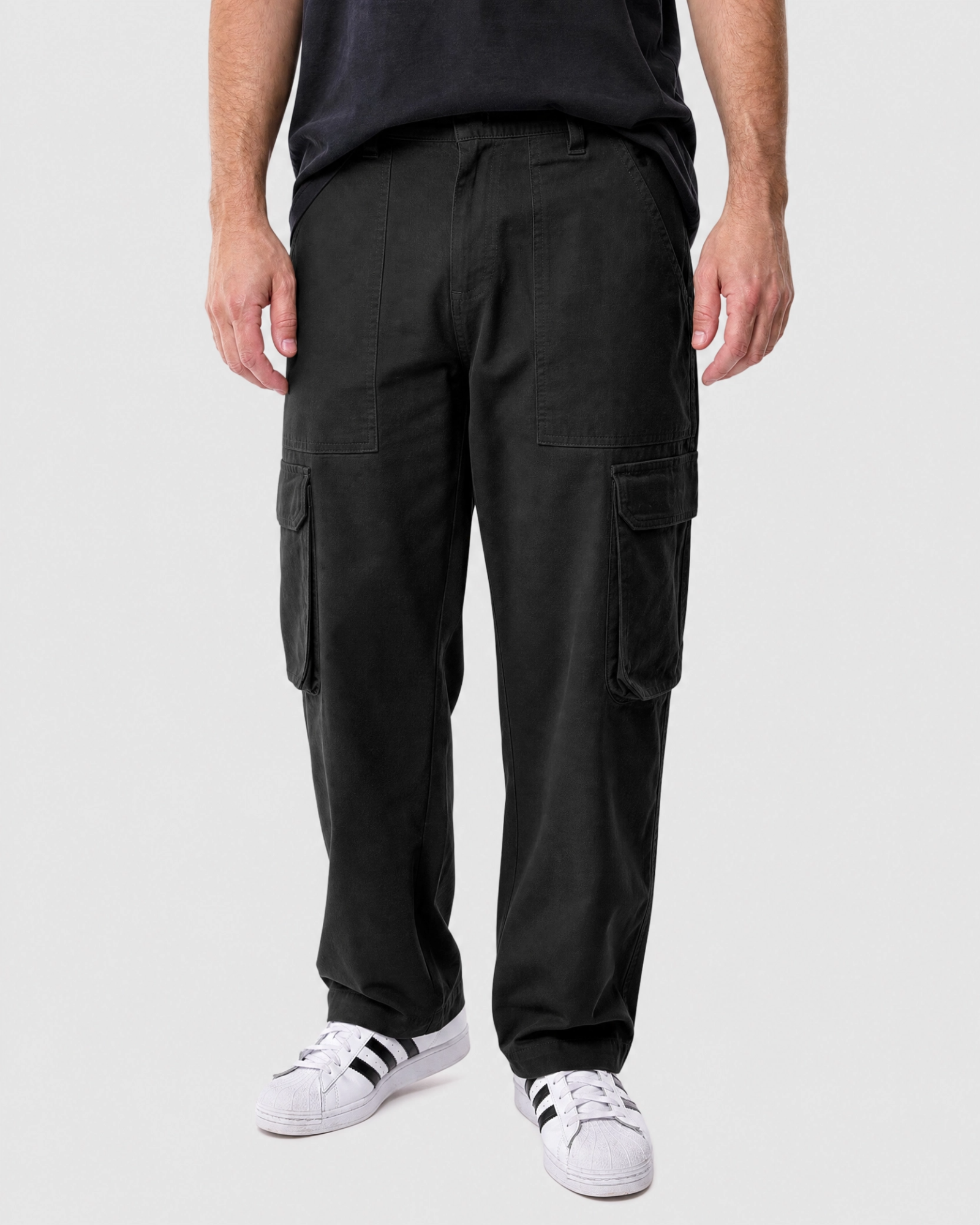 Ledger black cargo pants front view featuring relaxed straight-leg fit and cargo pocket detailing