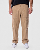 Ledger khaki cargo pants front view featuring relaxed straight-leg fit and cargo pocket detailing